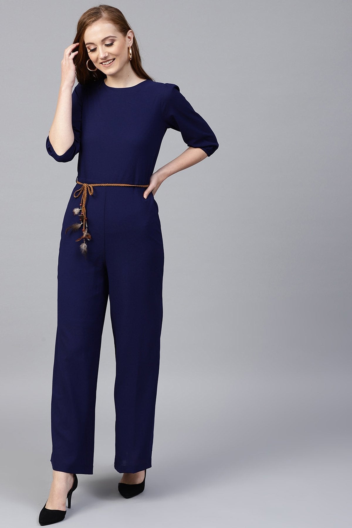 Women's Navy Flared Braided Belt Jumpsuit - SASSAFRAS