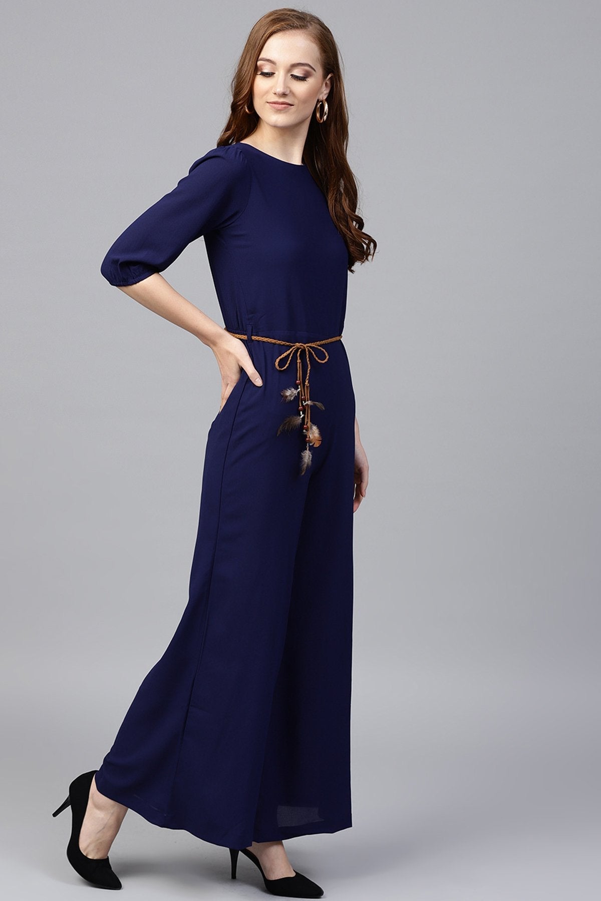 Women's Navy Flared Braided Belt Jumpsuit - SASSAFRAS