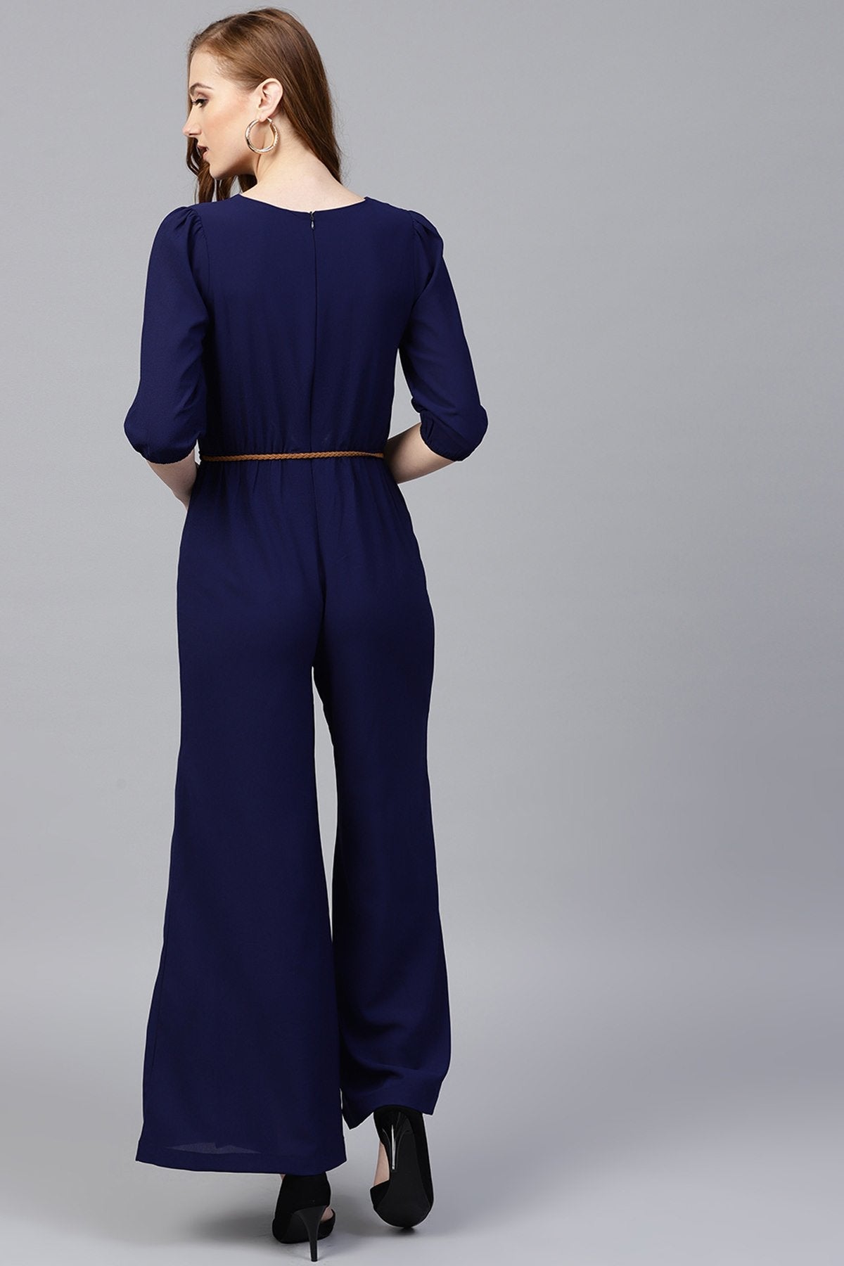 Women's Navy Flared Braided Belt Jumpsuit - SASSAFRAS