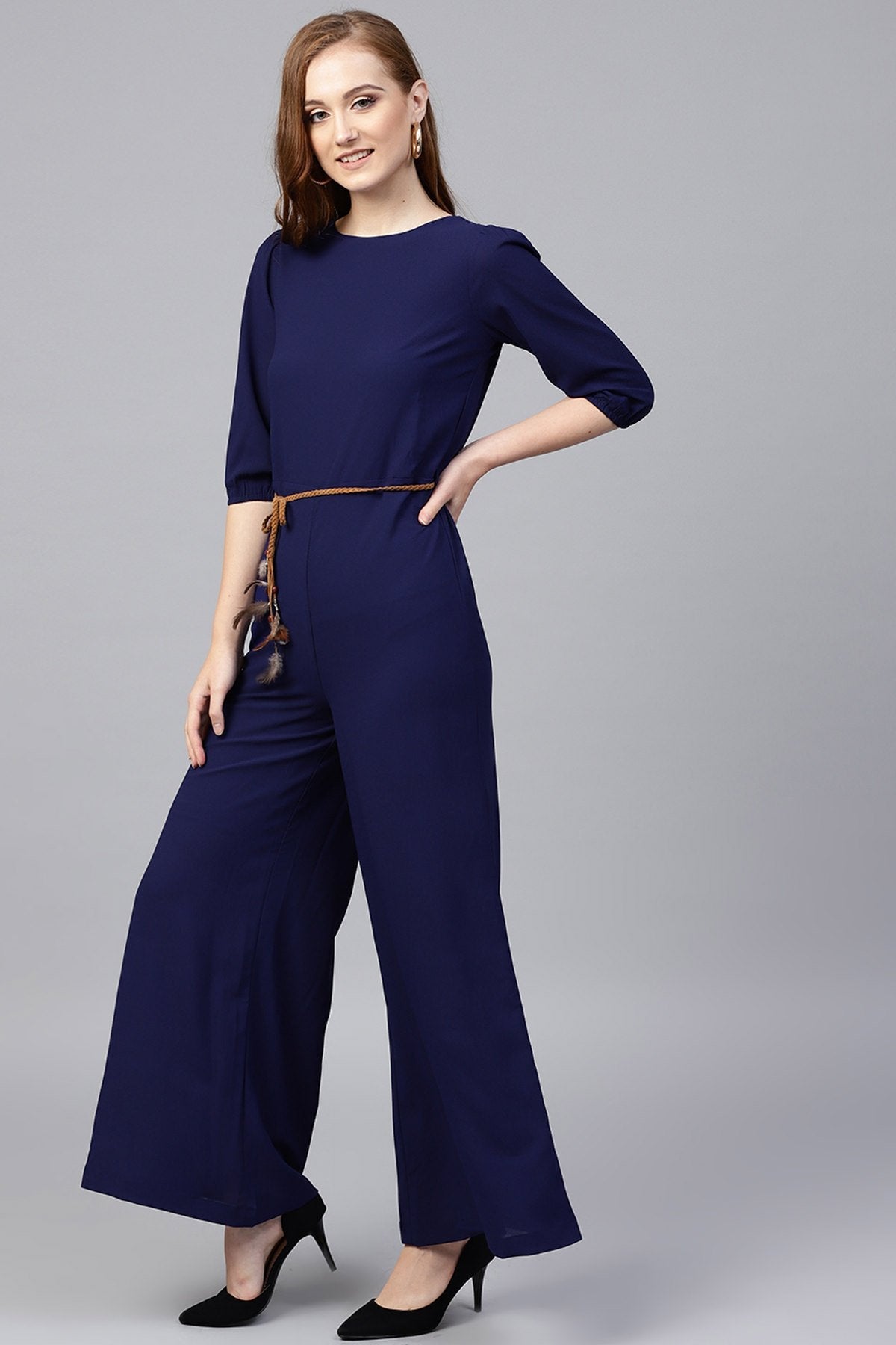 Women's Navy Flared Braided Belt Jumpsuit - SASSAFRAS