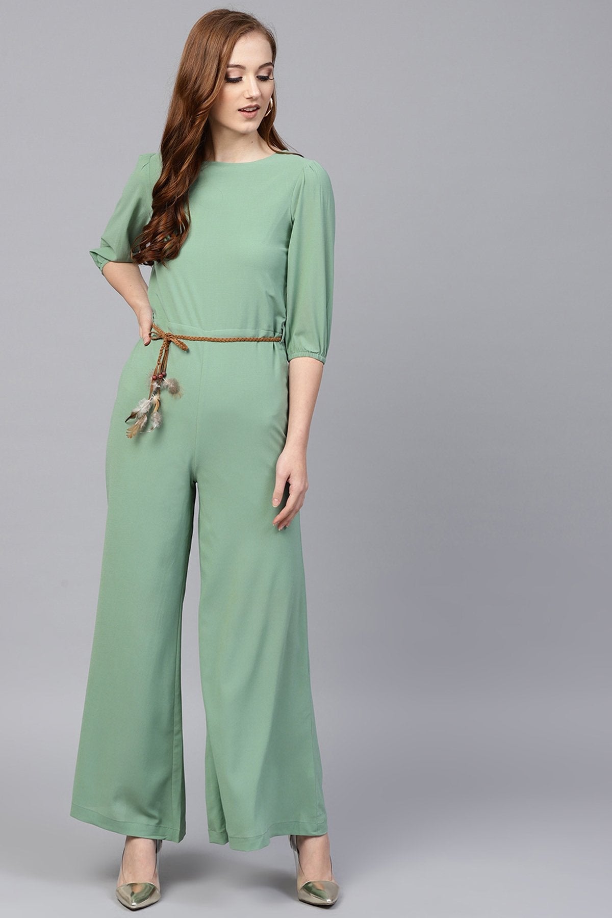 Women's Olive Flared Braided Belt Jumpsuit - SASSAFRAS