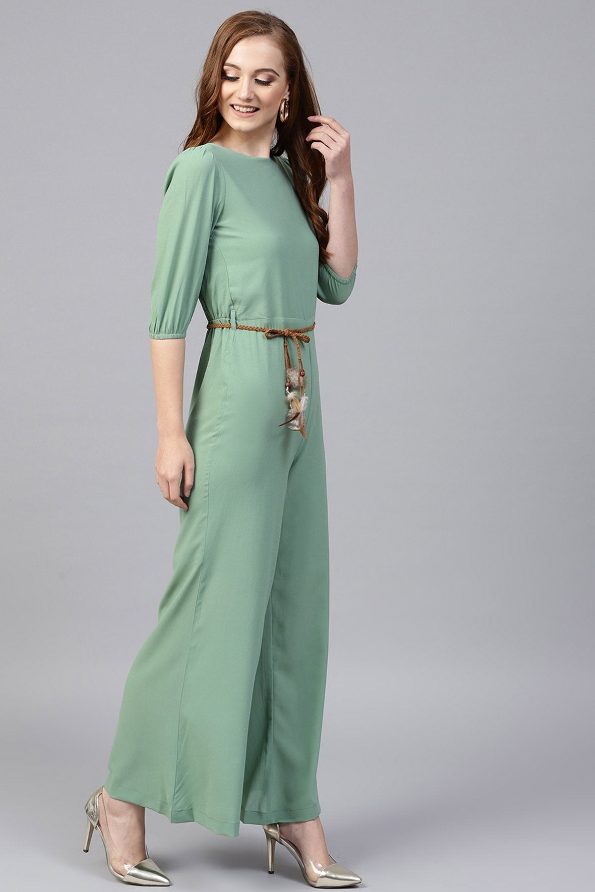 Women's Olive Flared Braided Belt Jumpsuit - SASSAFRAS