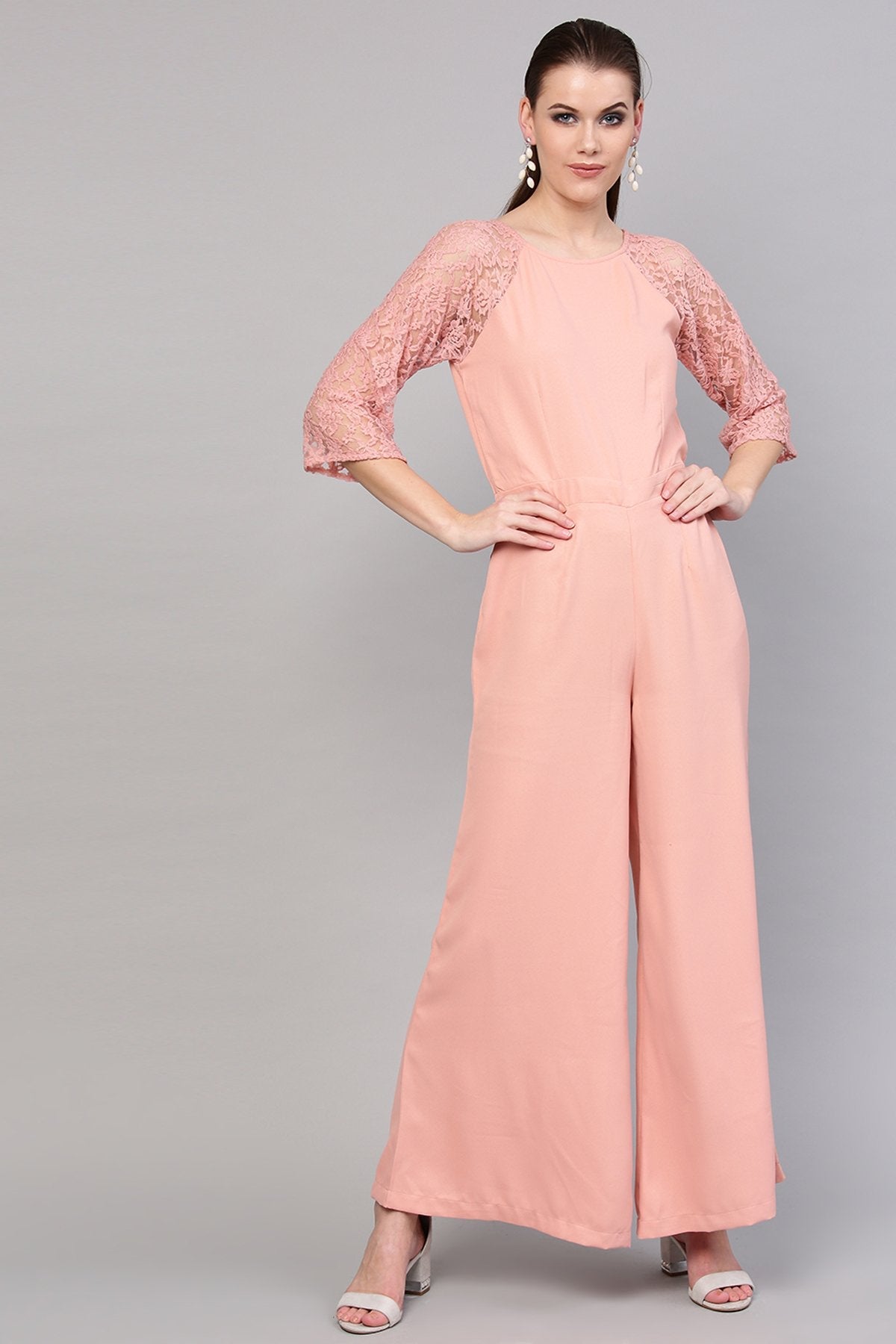 Women's Onion Pink Raglan Lace Sleeves Jumpsuit - SASSAFRAS