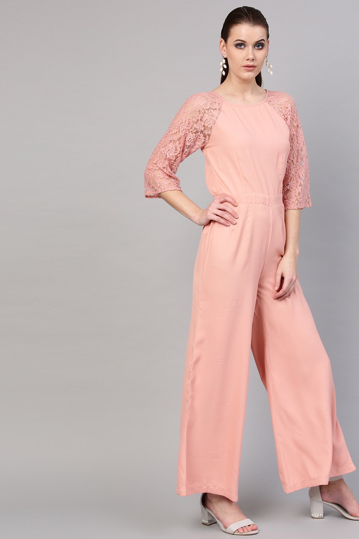 Women's Onion Pink Raglan Lace Sleeves Jumpsuit - SASSAFRAS