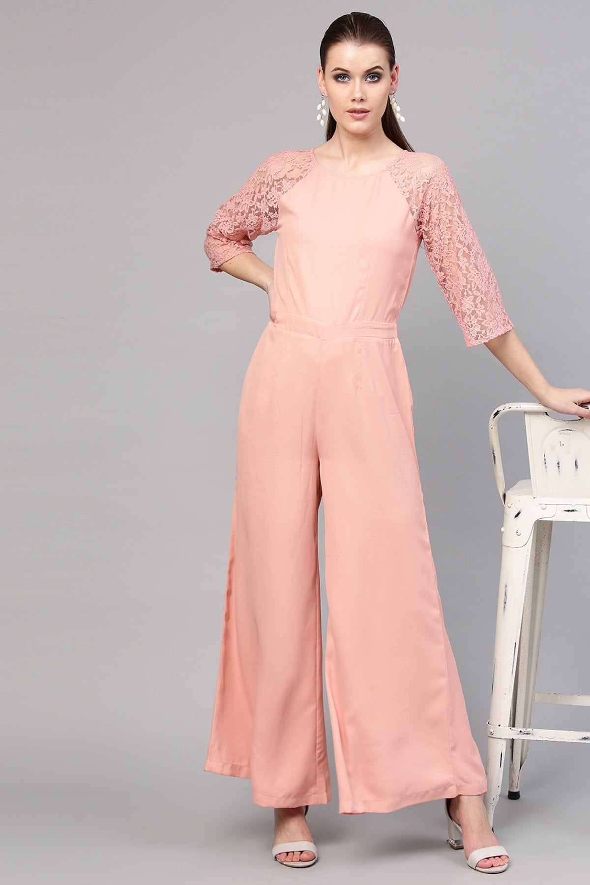 Women's Onion Pink Raglan Lace Sleeves Jumpsuit - SASSAFRAS