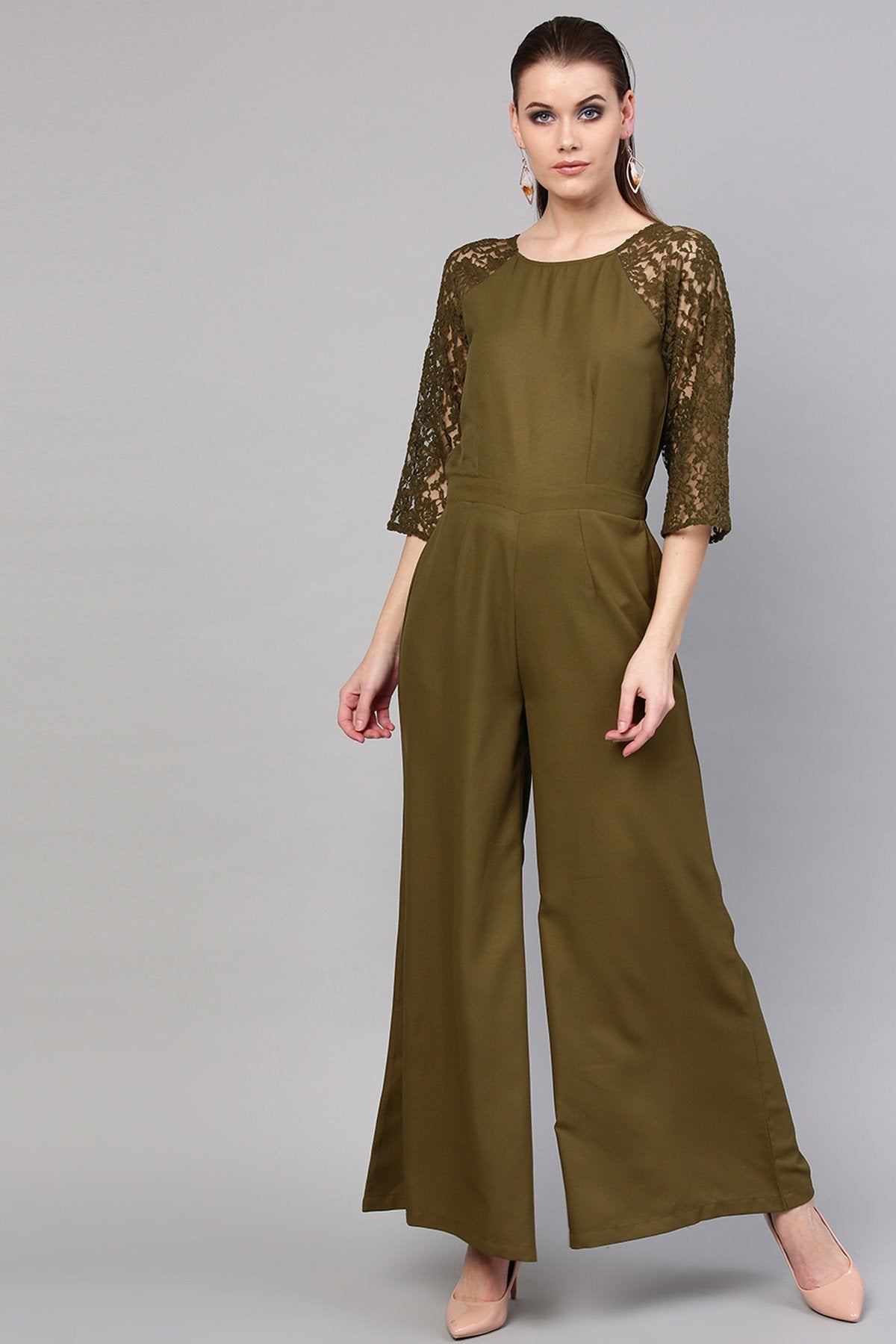 Women's Olive Raglan Lace Sleeves Jumpsuit - SASSAFRAS