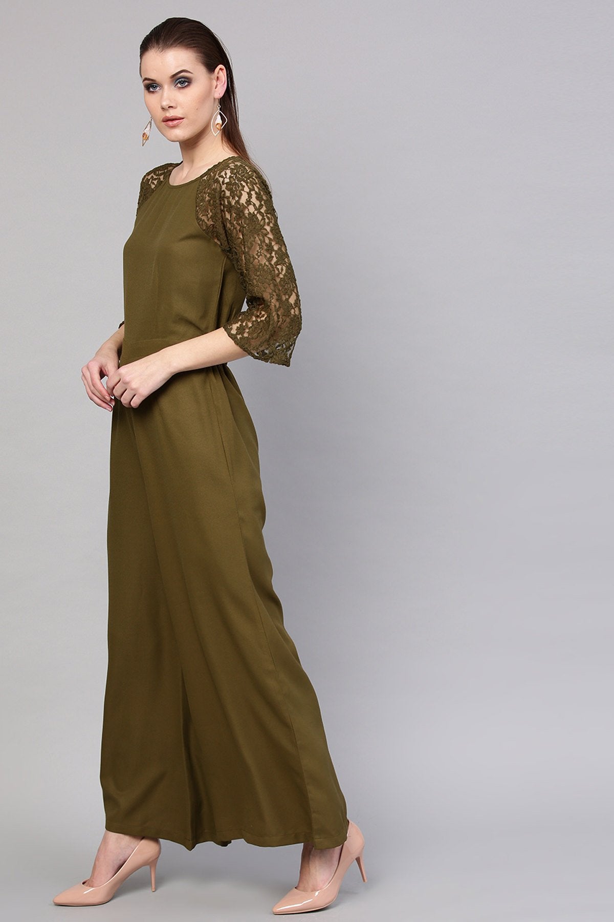 Women's Olive Raglan Lace Sleeves Jumpsuit - SASSAFRAS