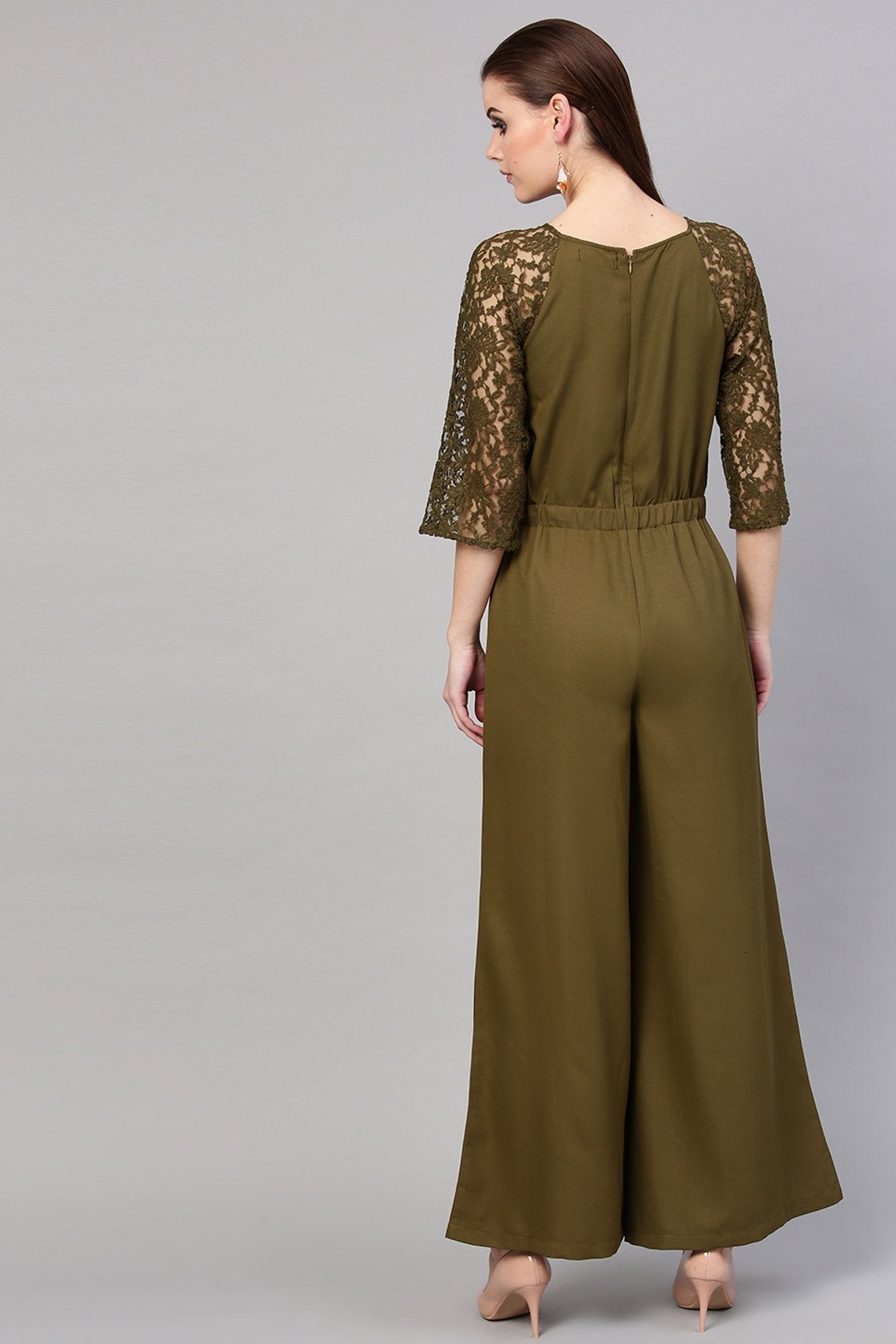 Women's Olive Raglan Lace Sleeves Jumpsuit - SASSAFRAS