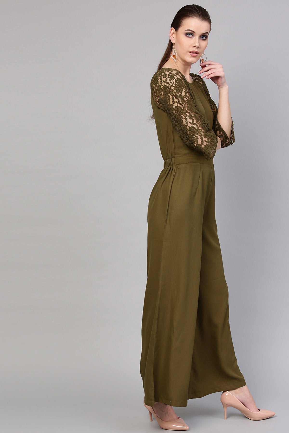 Women's Olive Raglan Lace Sleeves Jumpsuit - SASSAFRAS