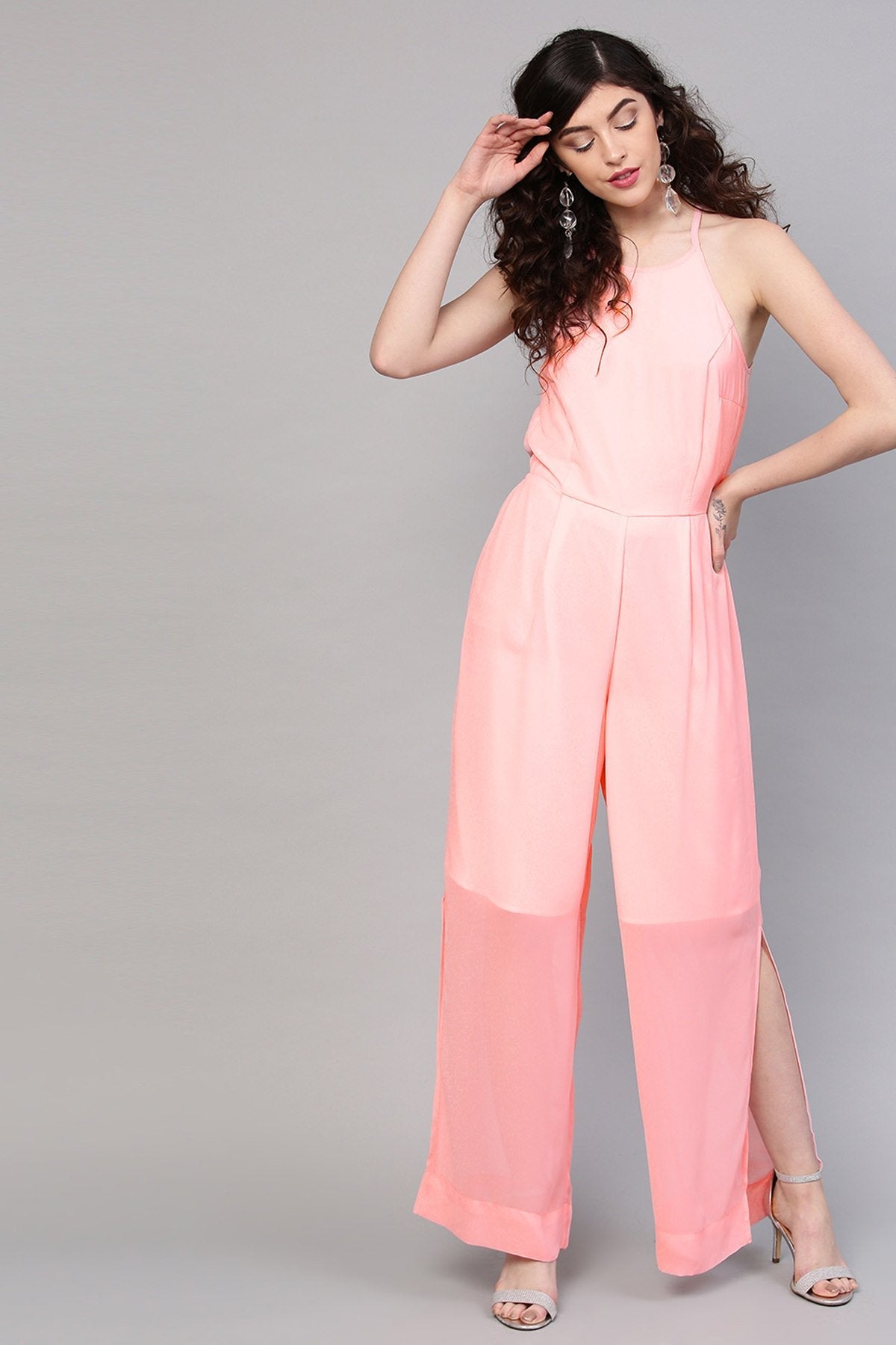 Women's Pink Side Slit Halter Jumpsuit - SASSAFRAS