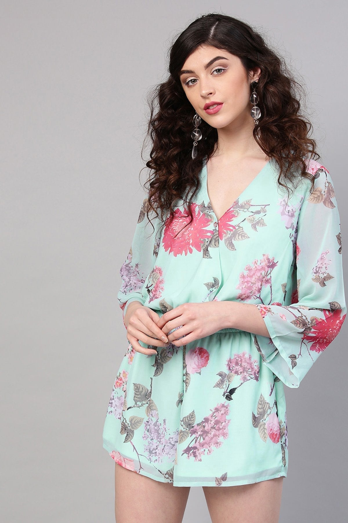 Women's Aqua Floral V-Neck Romper - SASSAFRAS