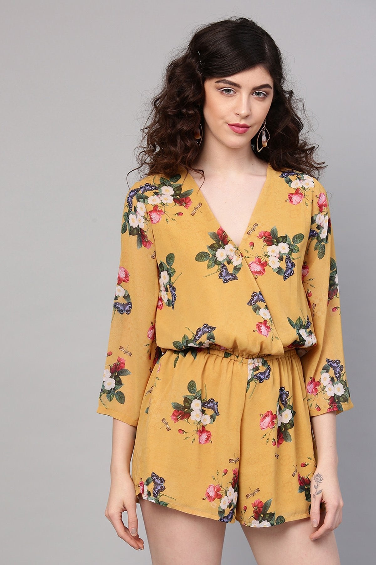 Women's Mustard Floral V-Neck Romper - SASSAFRAS