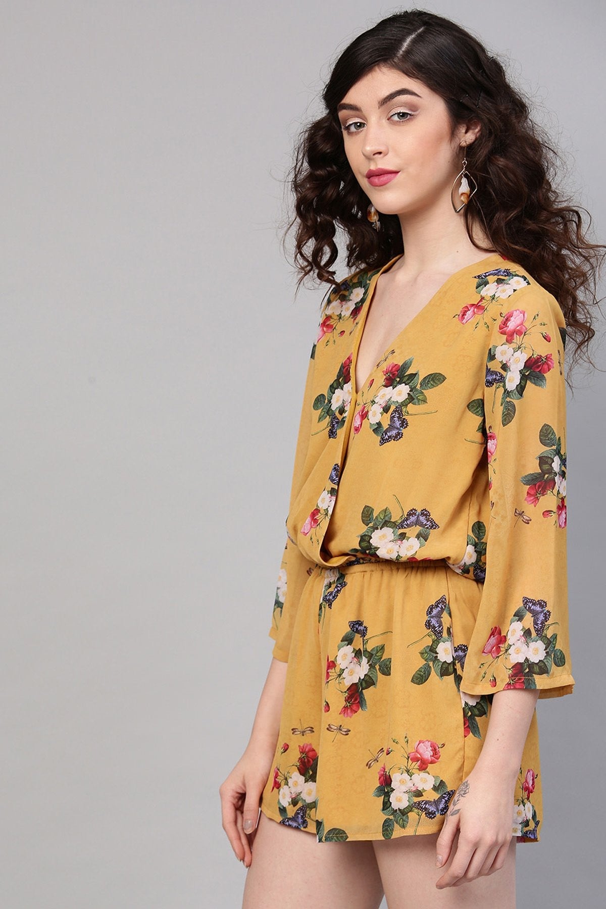 Women's Mustard Floral V-Neck Romper - SASSAFRAS