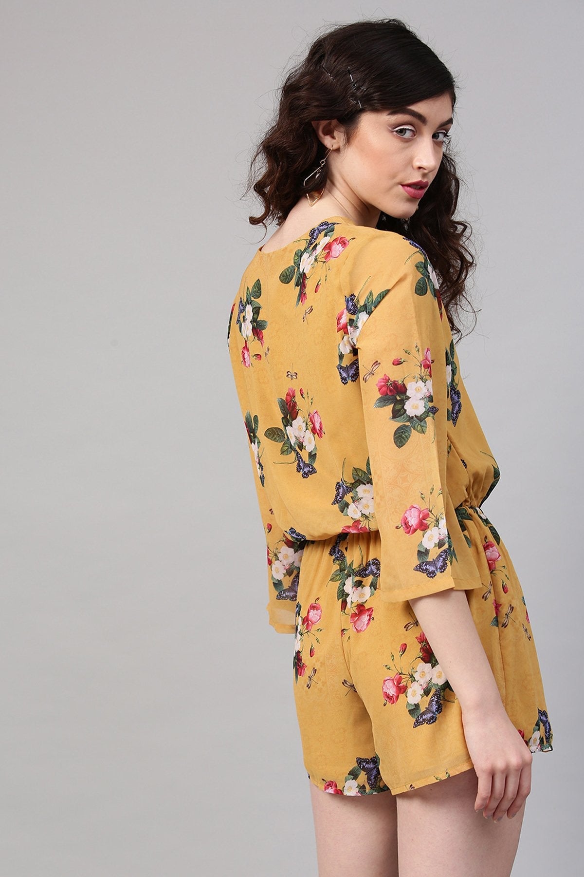 Women's Mustard Floral V-Neck Romper - SASSAFRAS