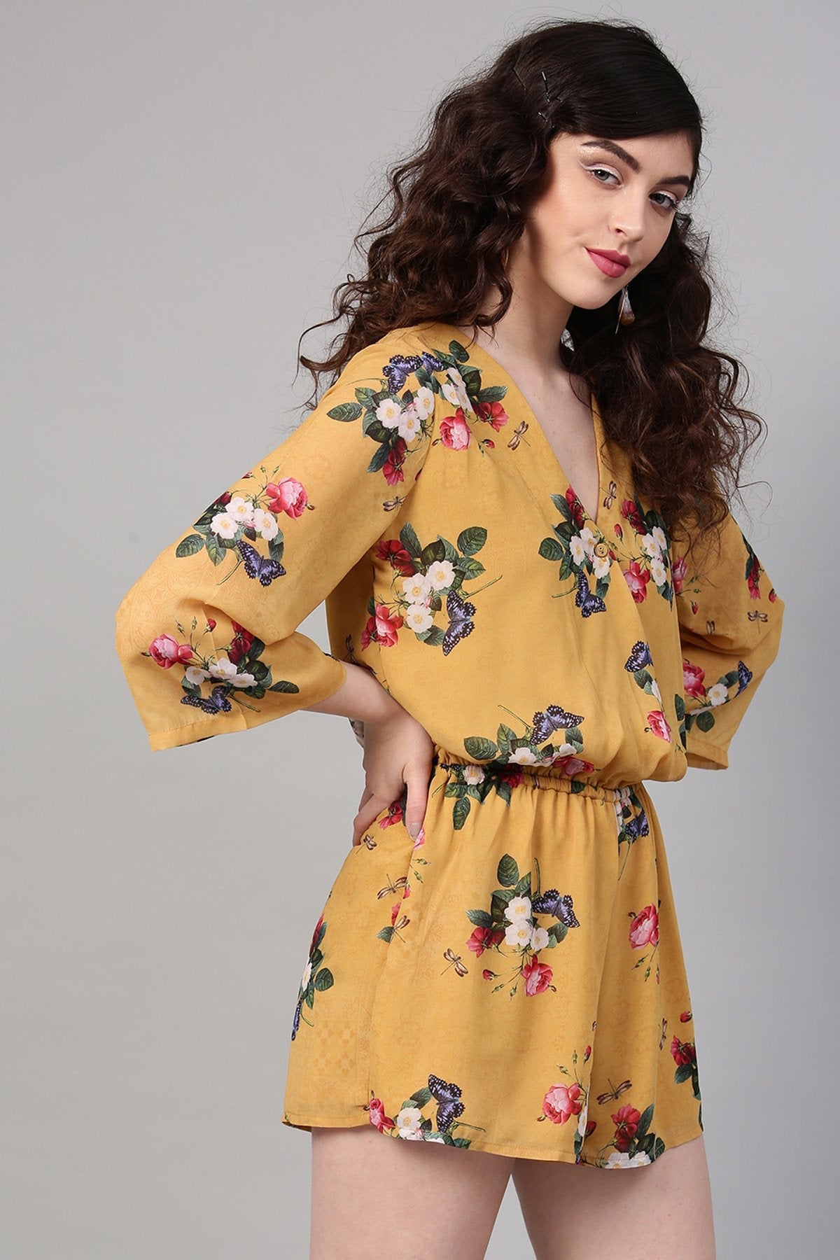 Women's Mustard Floral V-Neck Romper - SASSAFRAS