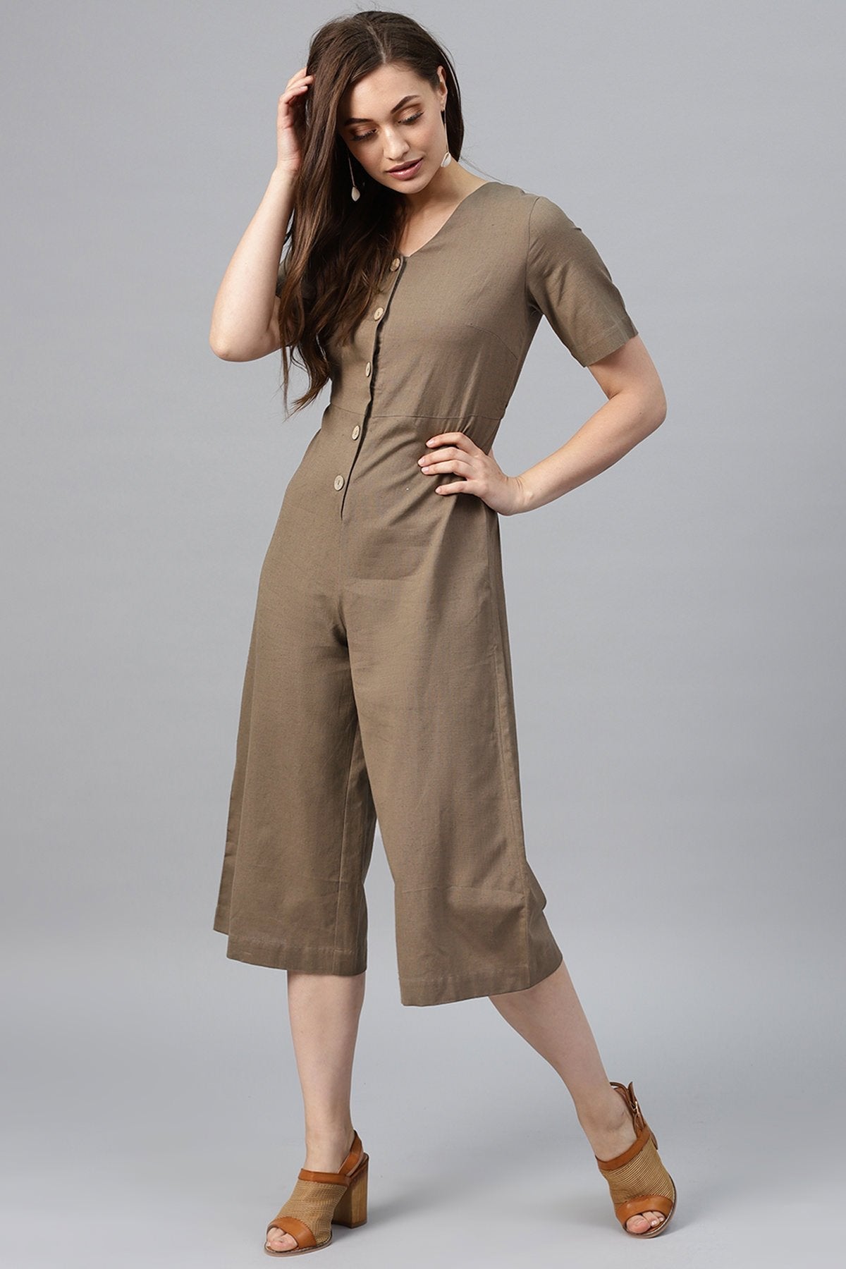 Women's Brown Front Button Culottes Jumpsuit - SASSAFRAS