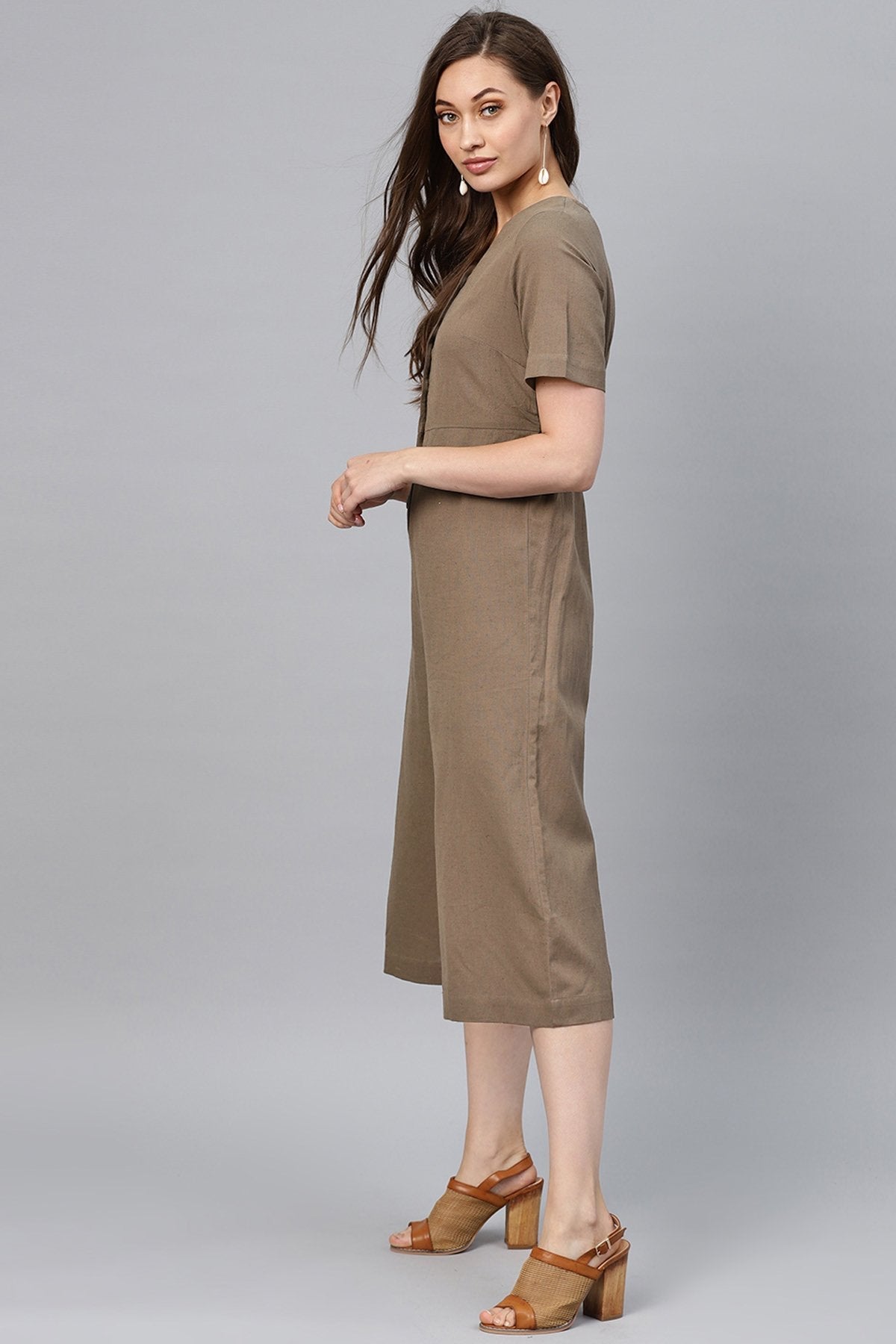 Women's Brown Front Button Culottes Jumpsuit - SASSAFRAS