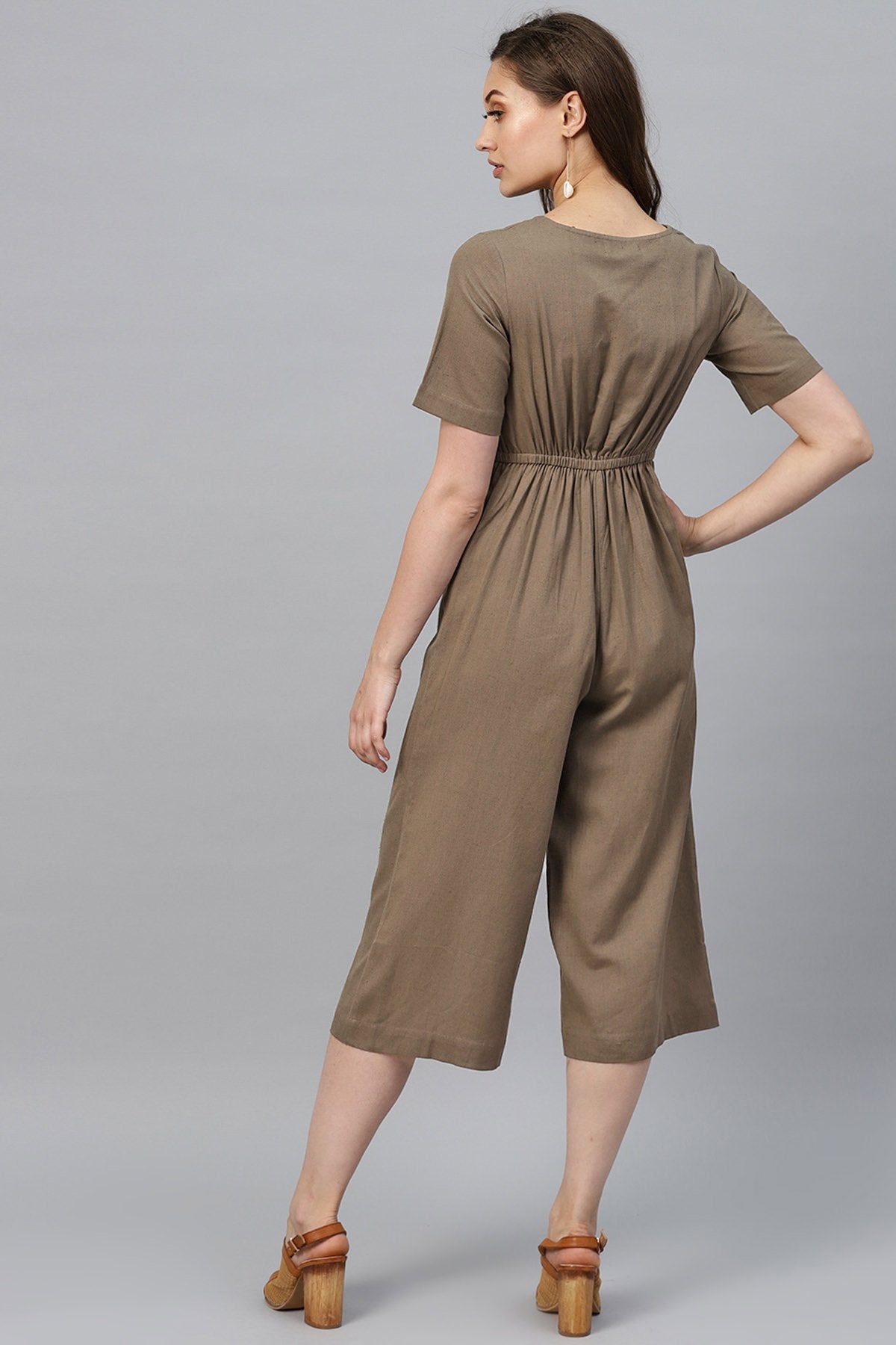 Women's Brown Front Button Culottes Jumpsuit - SASSAFRAS