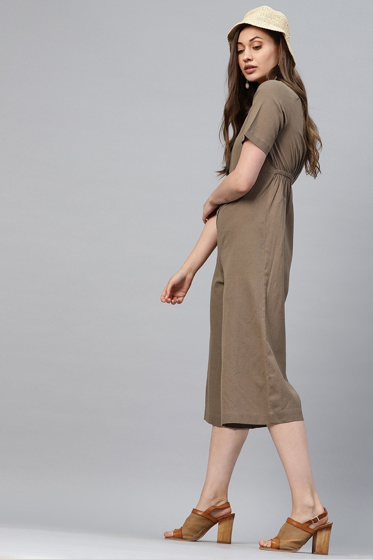 Women's Brown Front Button Culottes Jumpsuit - SASSAFRAS