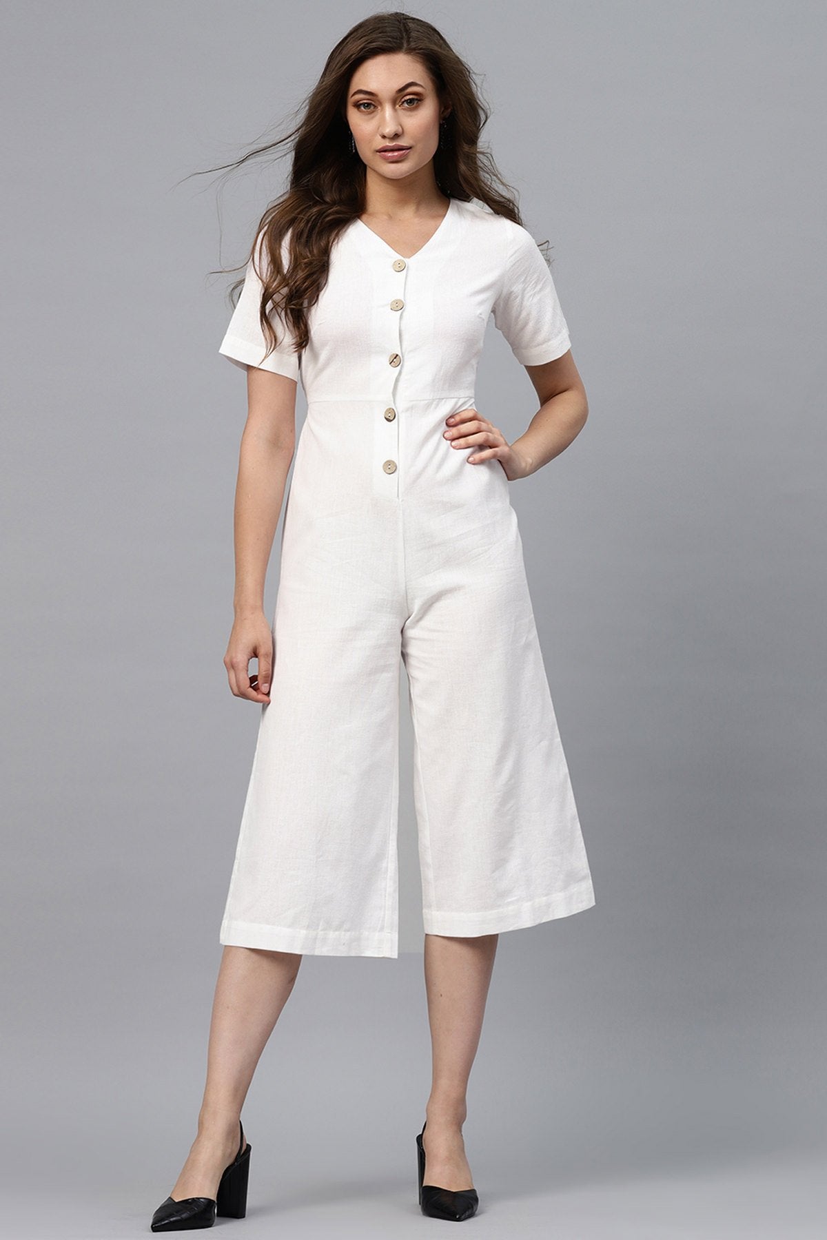 Women's White Front Button Culottes Jumpsuit - SASSAFRAS