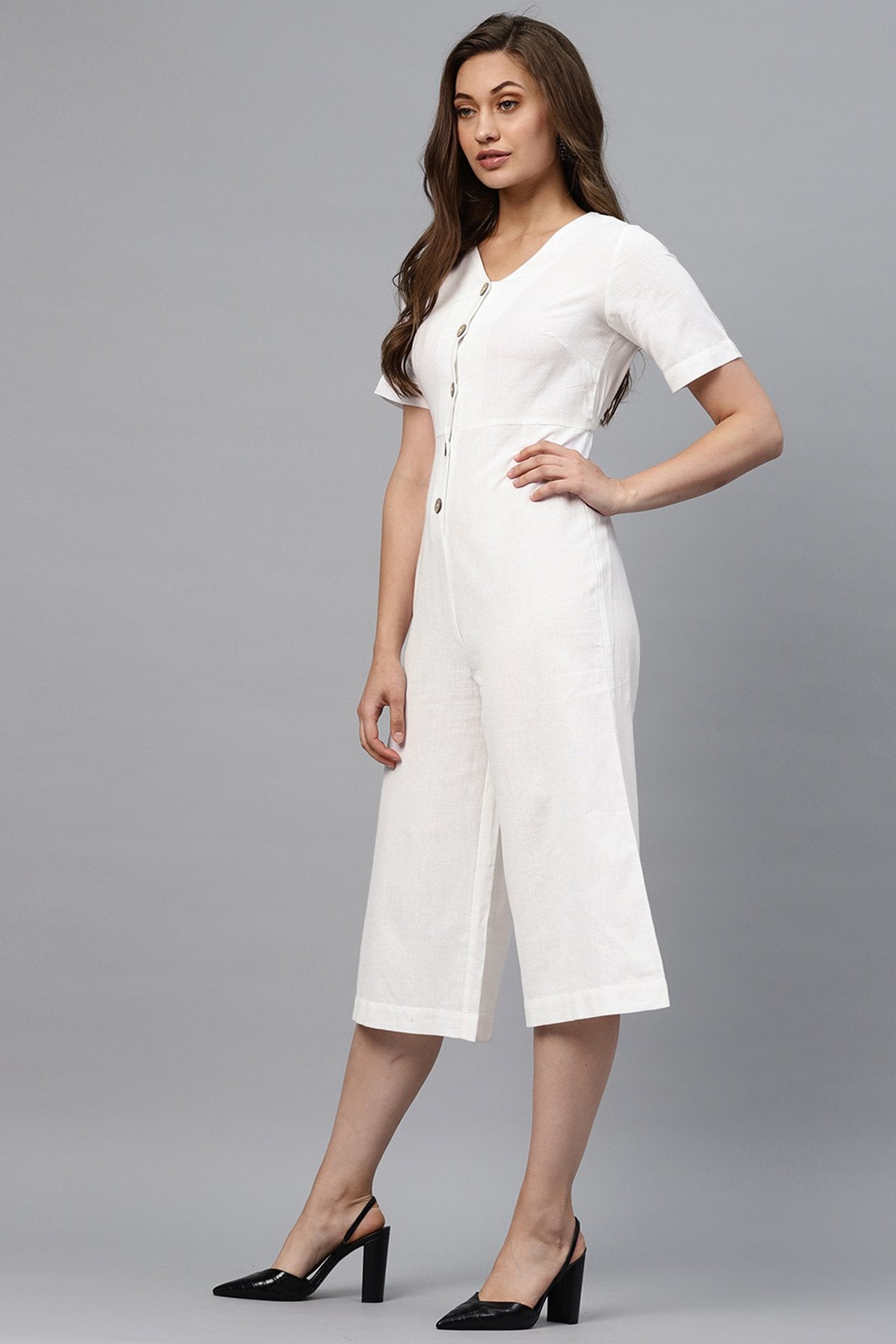 Women's White Front Button Culottes Jumpsuit - SASSAFRAS