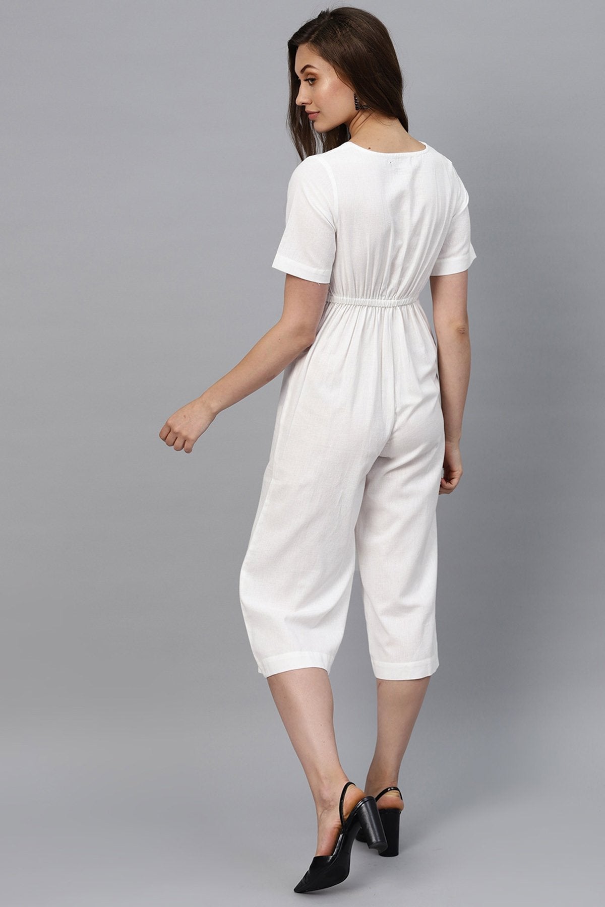 Women's White Front Button Culottes Jumpsuit - SASSAFRAS