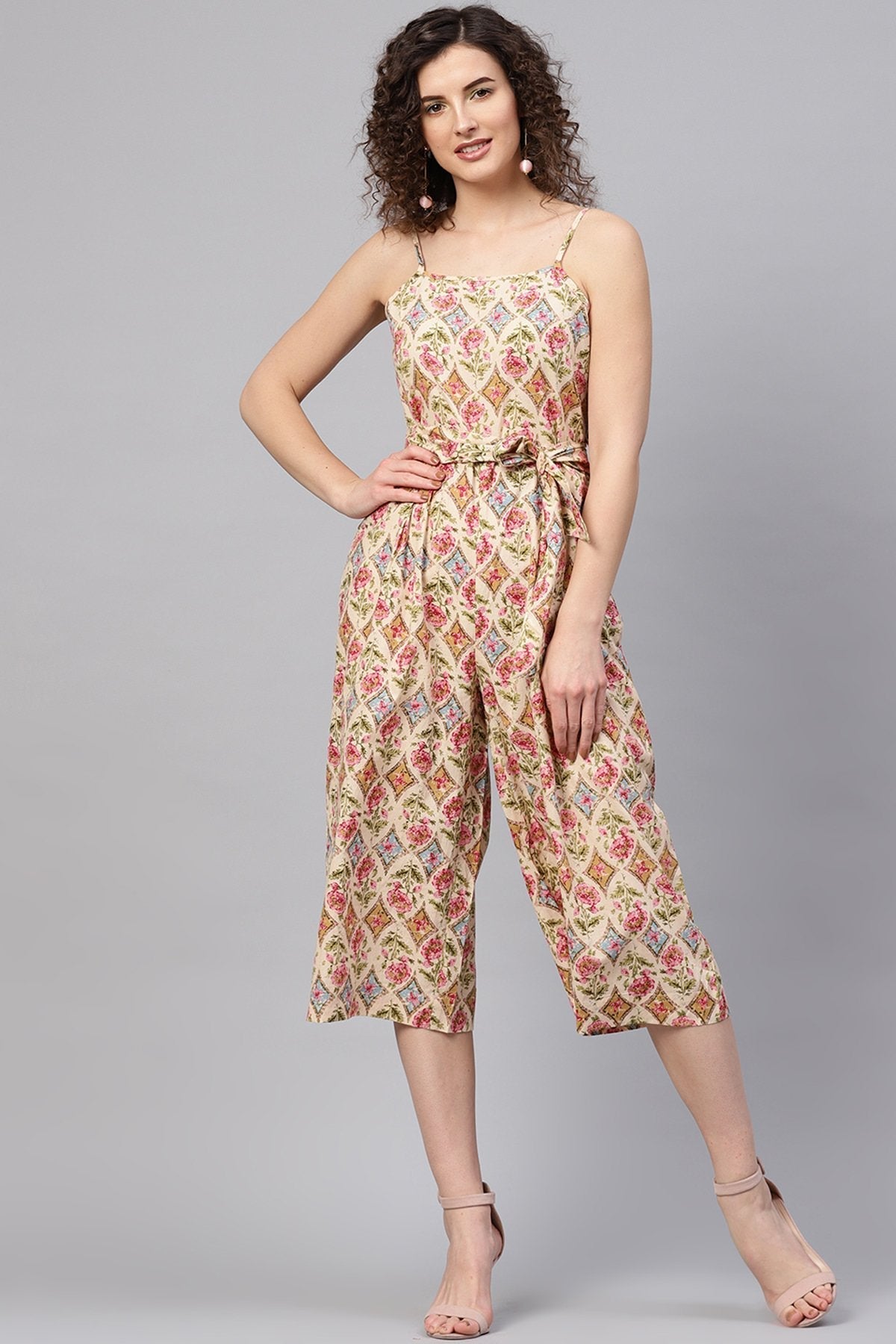 Women's Beige & Pink Floral Strappy Jumpsuit - SASSAFRAS