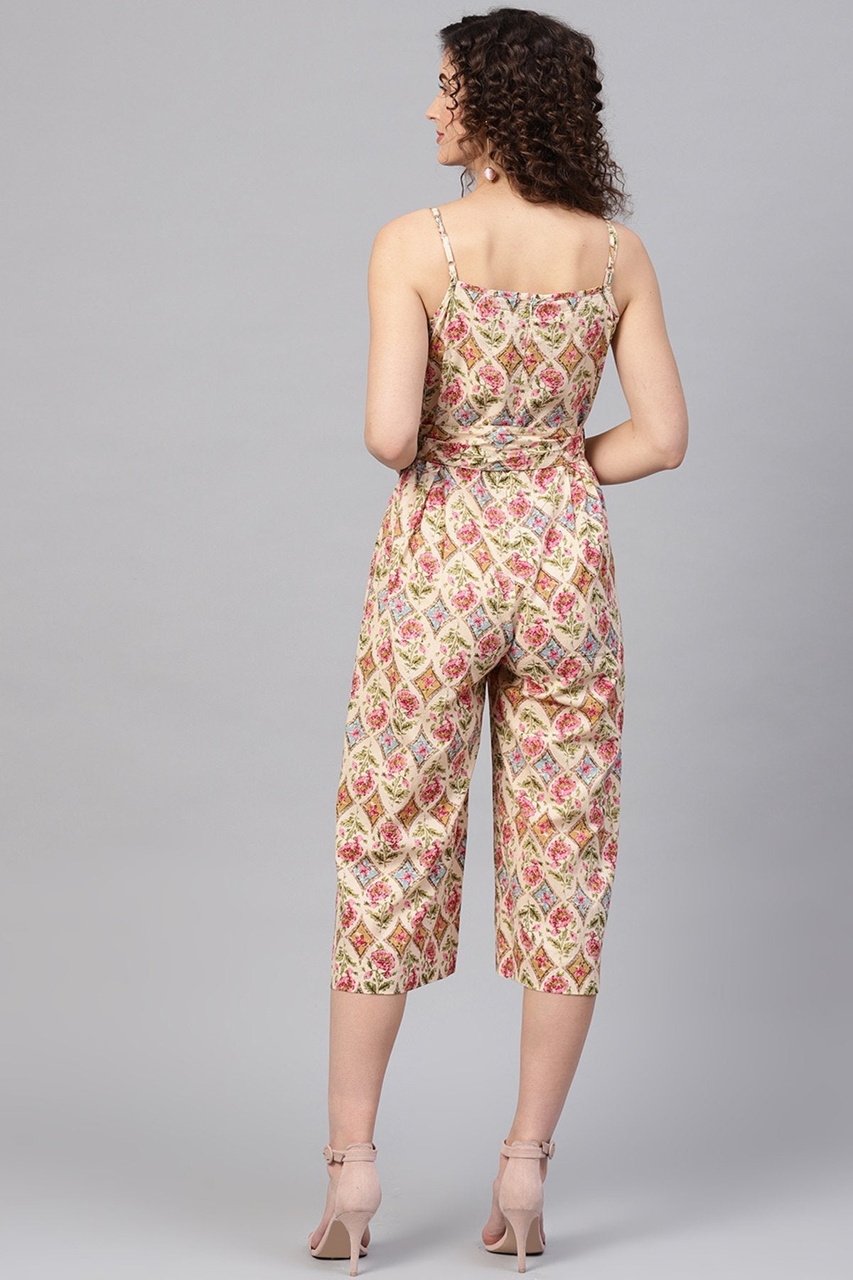 Women's Beige & Pink Floral Strappy Jumpsuit - SASSAFRAS