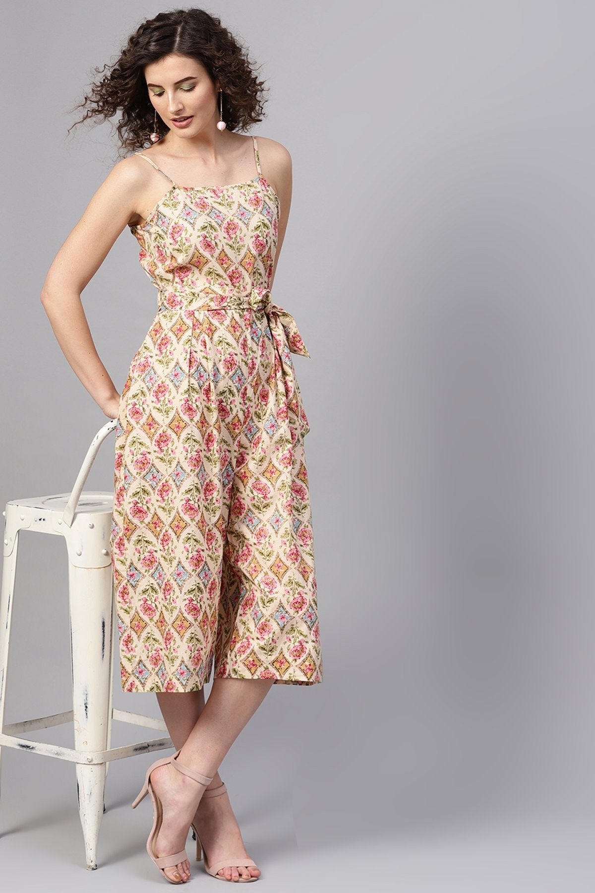 Women's Beige & Pink Floral Strappy Jumpsuit - SASSAFRAS