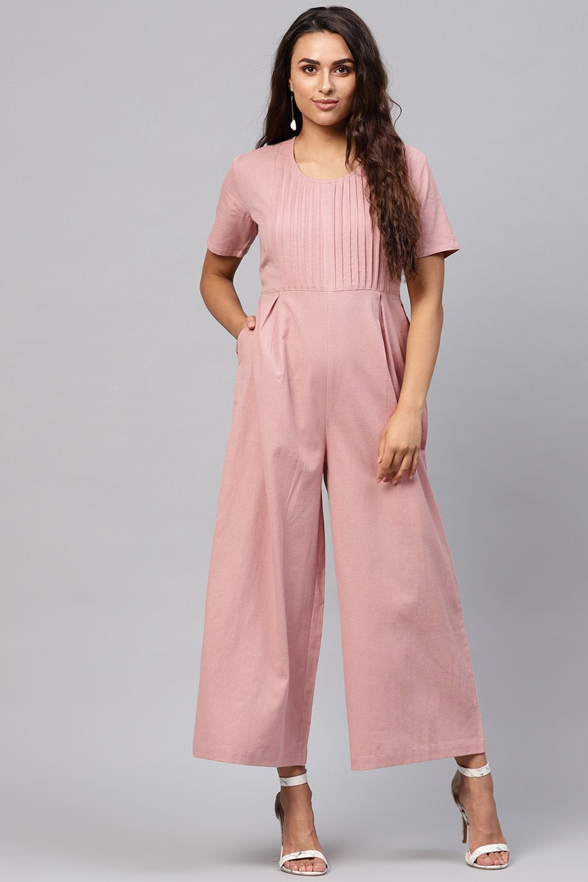 Women's Onion Pink Pleated Palazzo Jumpsuit - SASSAFRAS