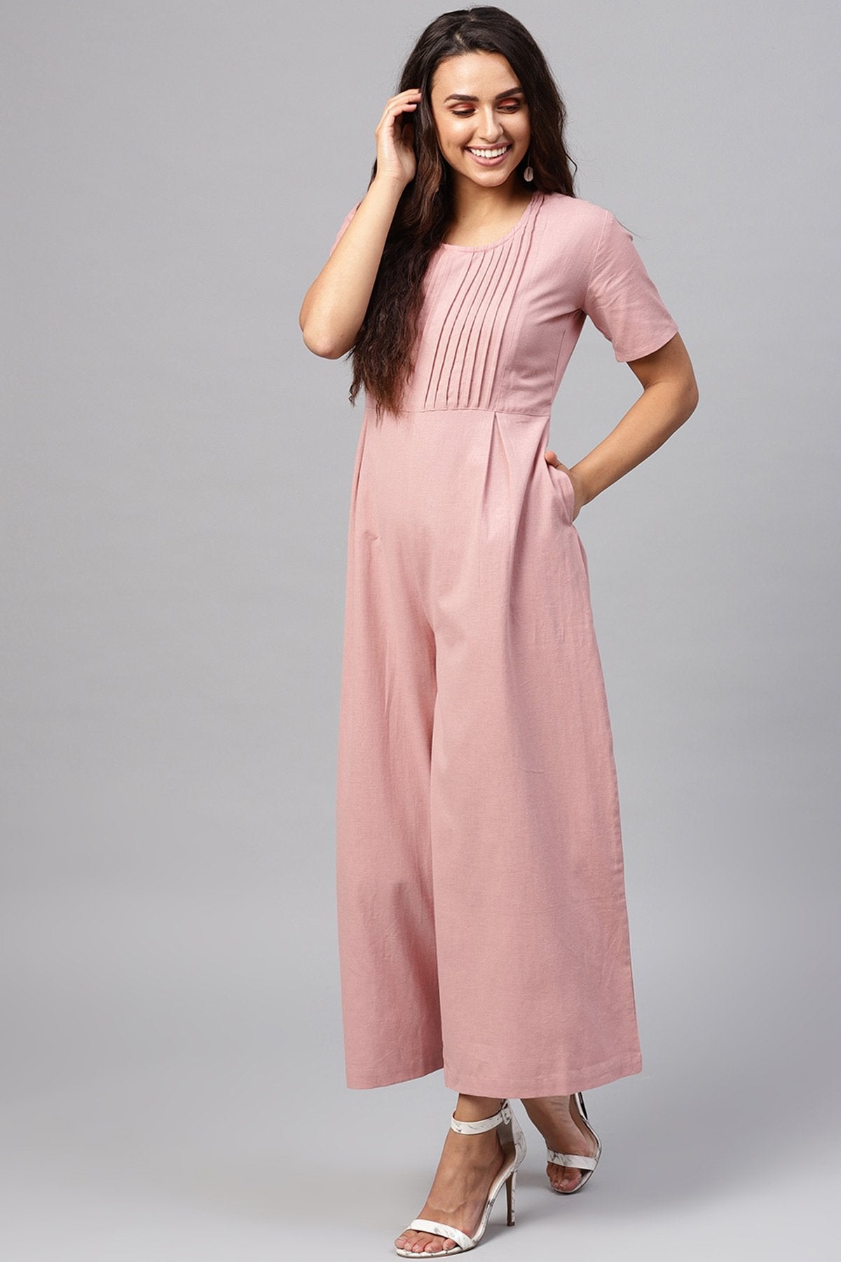 Women's Onion Pink Pleated Palazzo Jumpsuit - SASSAFRAS