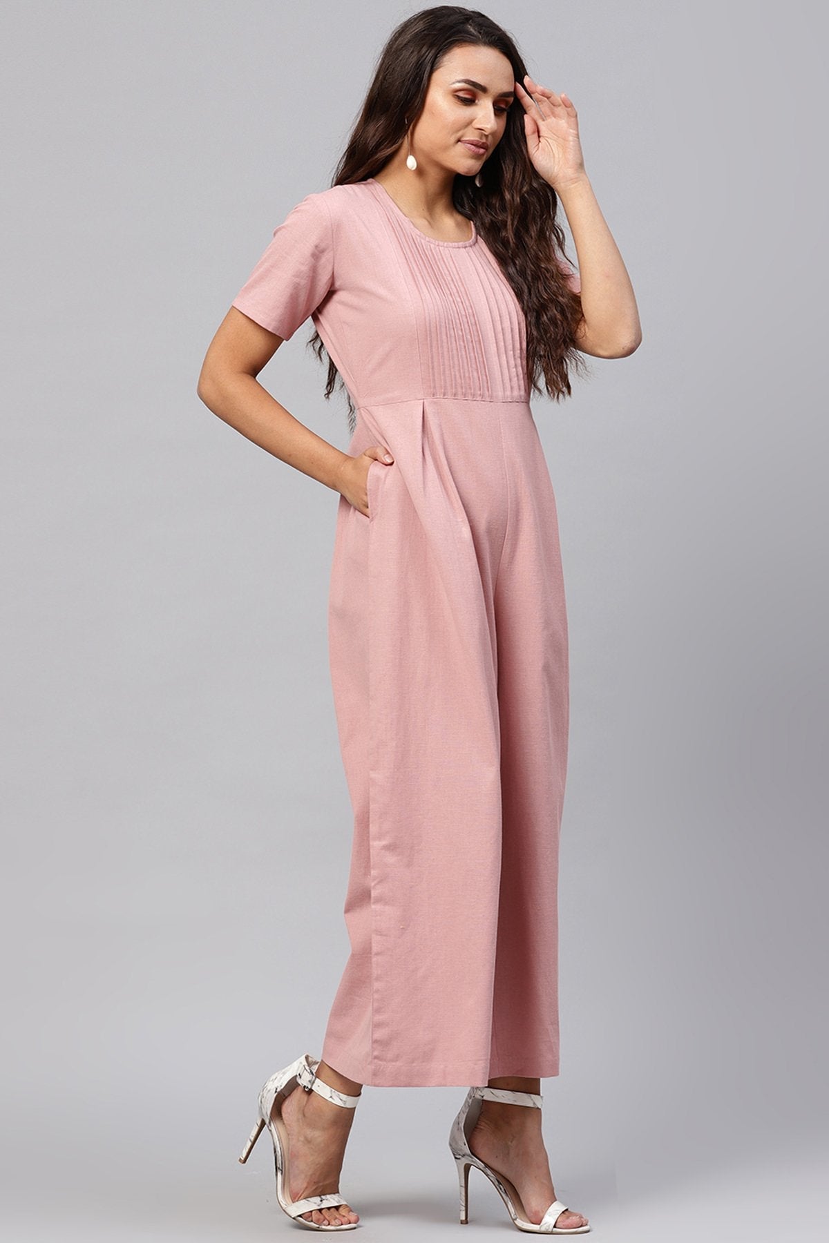 Women's Onion Pink Pleated Palazzo Jumpsuit - SASSAFRAS