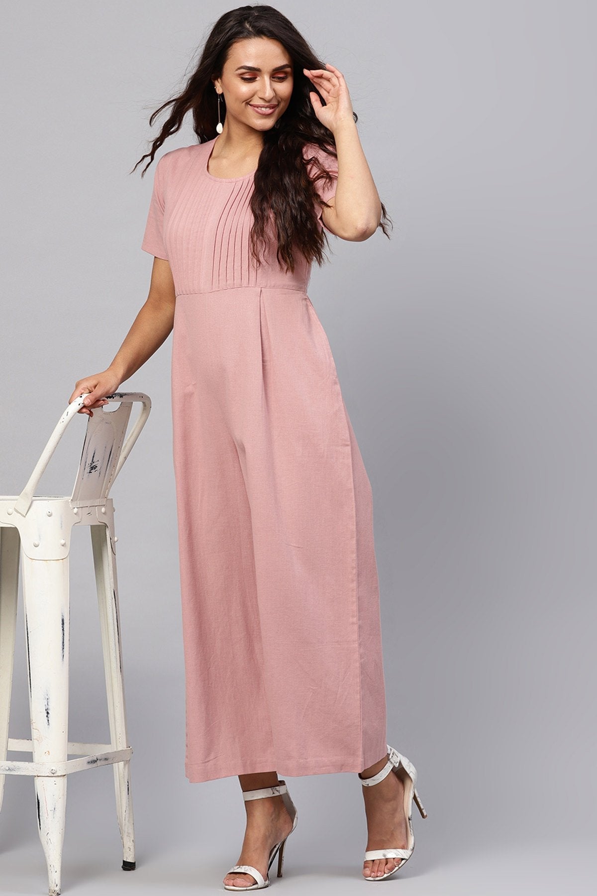 Women's Onion Pink Pleated Palazzo Jumpsuit - SASSAFRAS