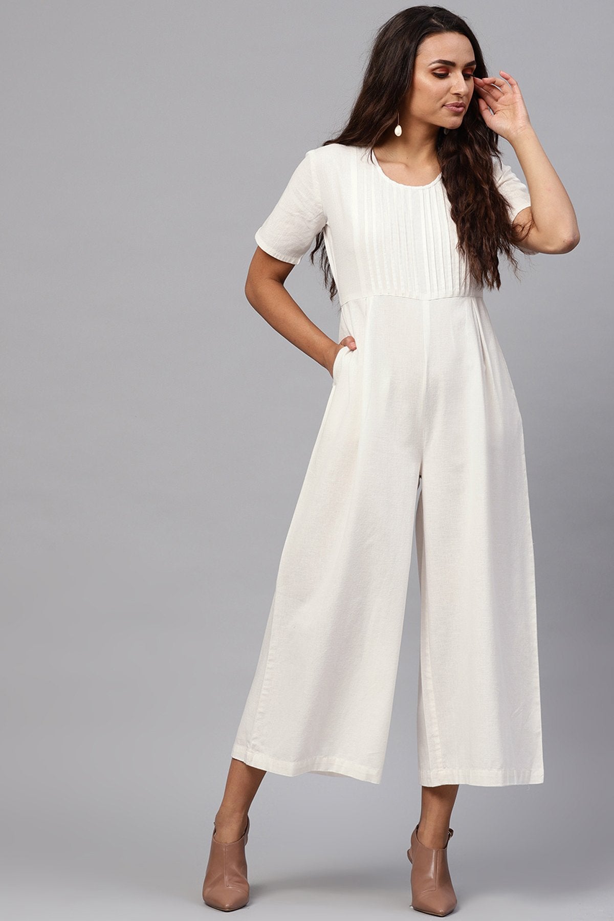 Women's White Pleated Palazzo Jumpsuit - SASSAFRAS