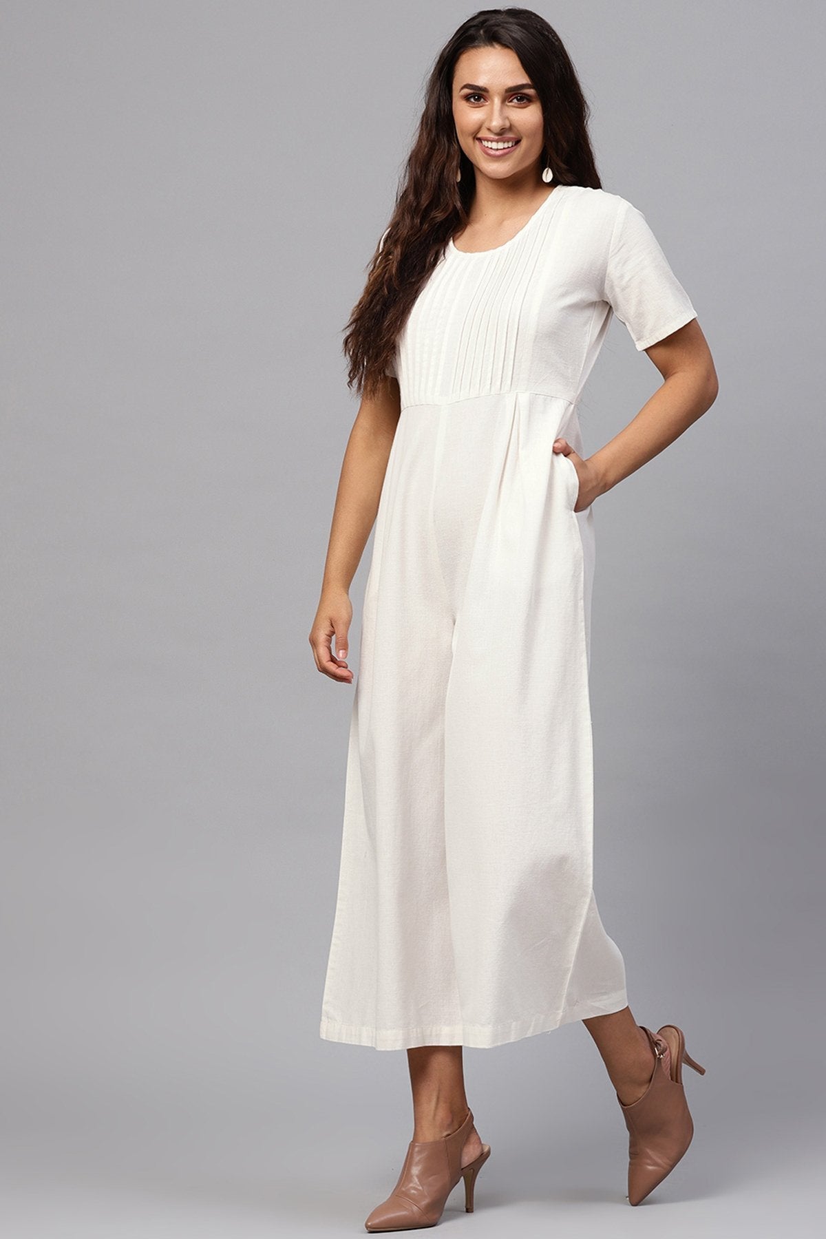 Women's White Pleated Palazzo Jumpsuit - SASSAFRAS