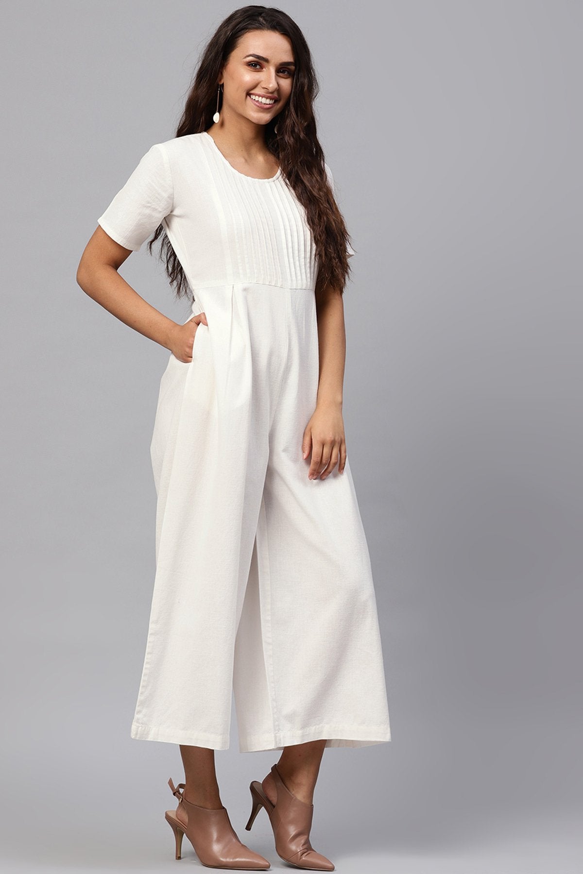 Women's White Pleated Palazzo Jumpsuit - SASSAFRAS