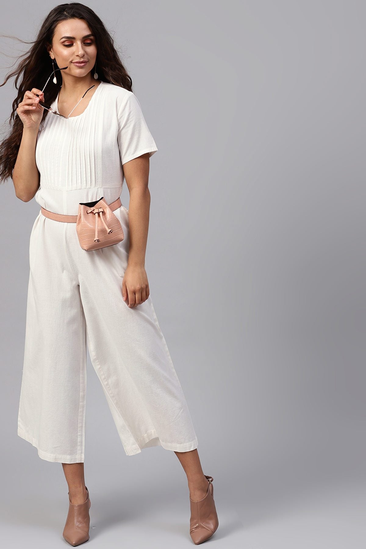 Women's White Pleated Palazzo Jumpsuit - SASSAFRAS