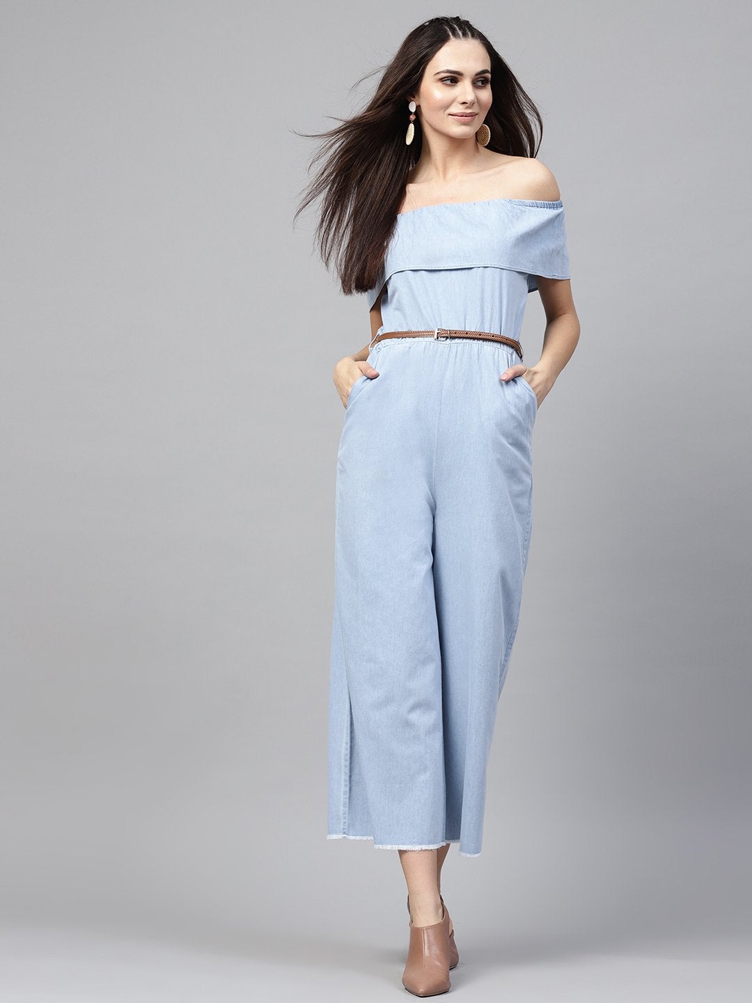 Women's Blue Acid Denim Belted Bardot Jumpsuit - SASSAFRAS