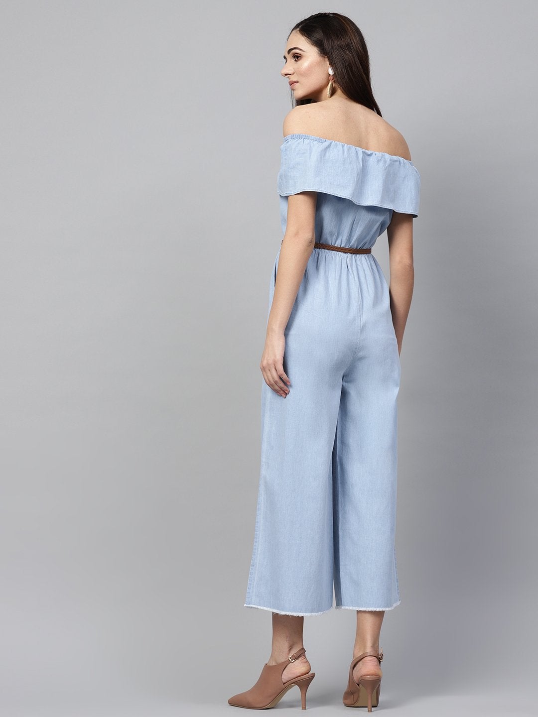 Women's Blue Acid Denim Belted Bardot Jumpsuit - SASSAFRAS