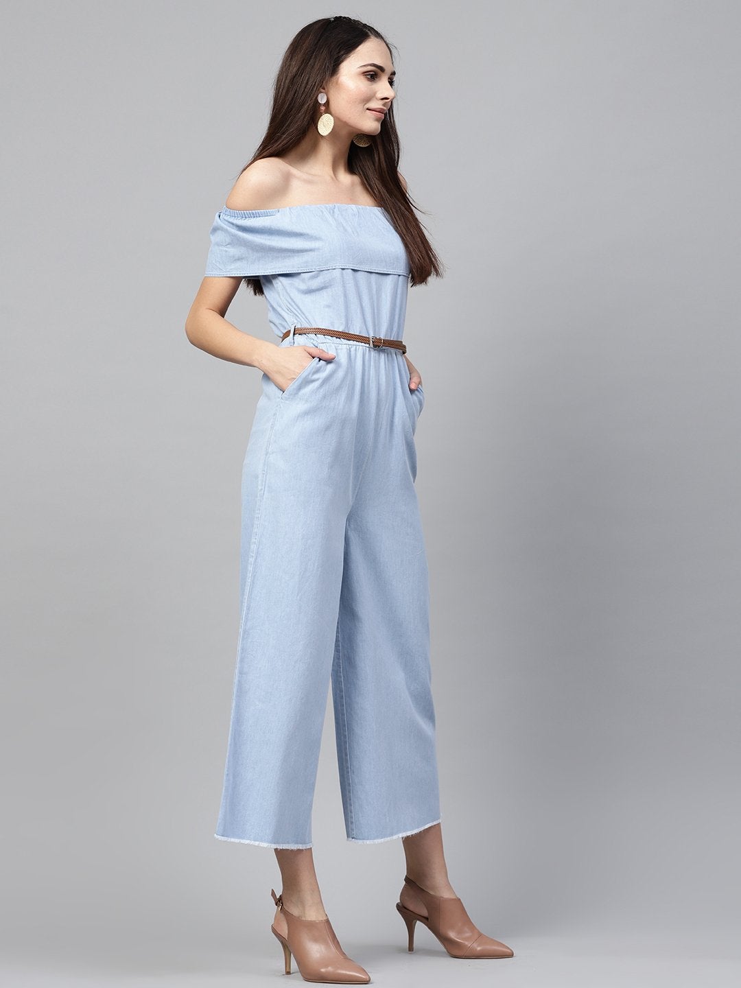 Women's Blue Acid Denim Belted Bardot Jumpsuit - SASSAFRAS