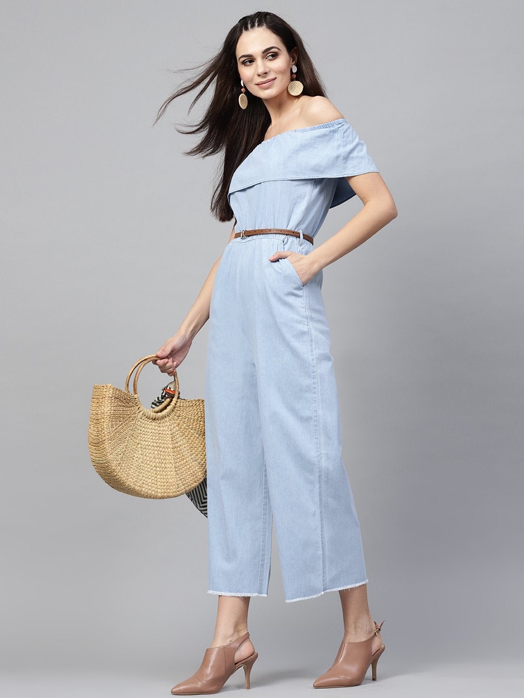 Women's Blue Acid Denim Belted Bardot Jumpsuit - SASSAFRAS