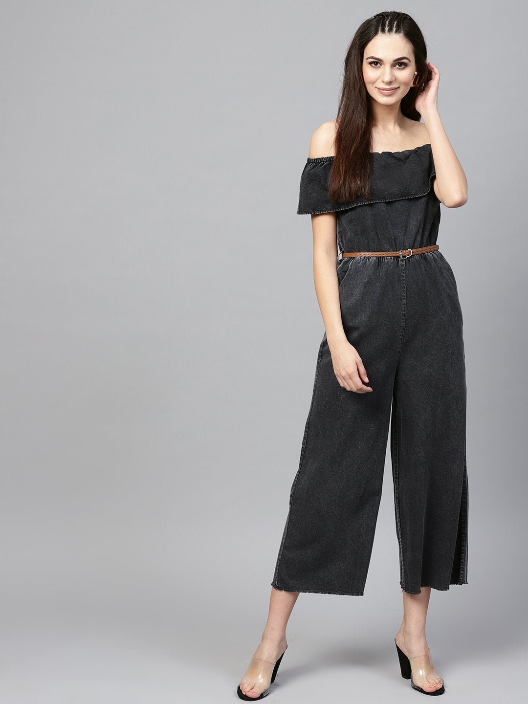 Women's Black Acid Denim Belted Bardot Jumpsuit - SASSAFRAS