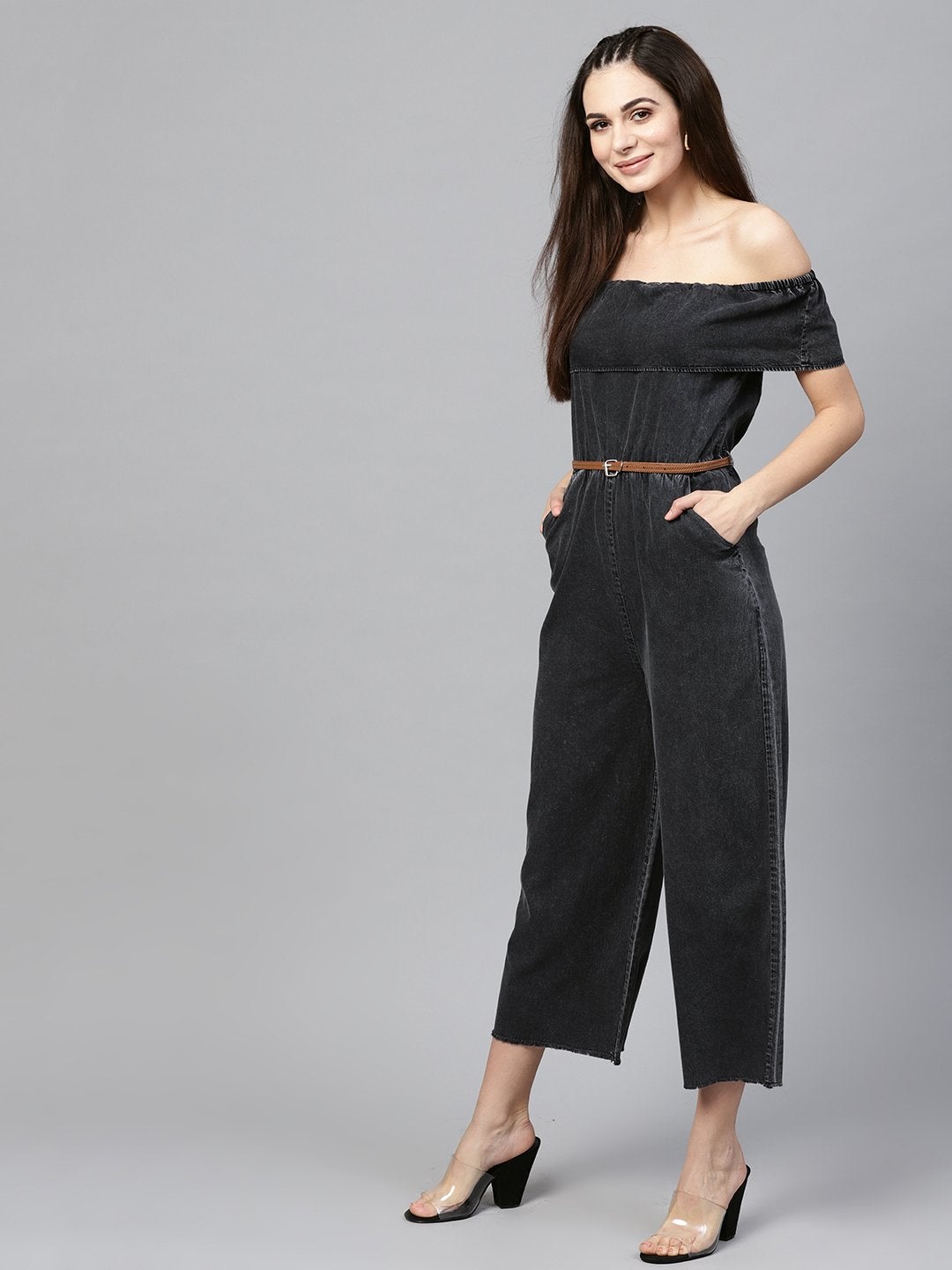 Women's Black Acid Denim Belted Bardot Jumpsuit - SASSAFRAS