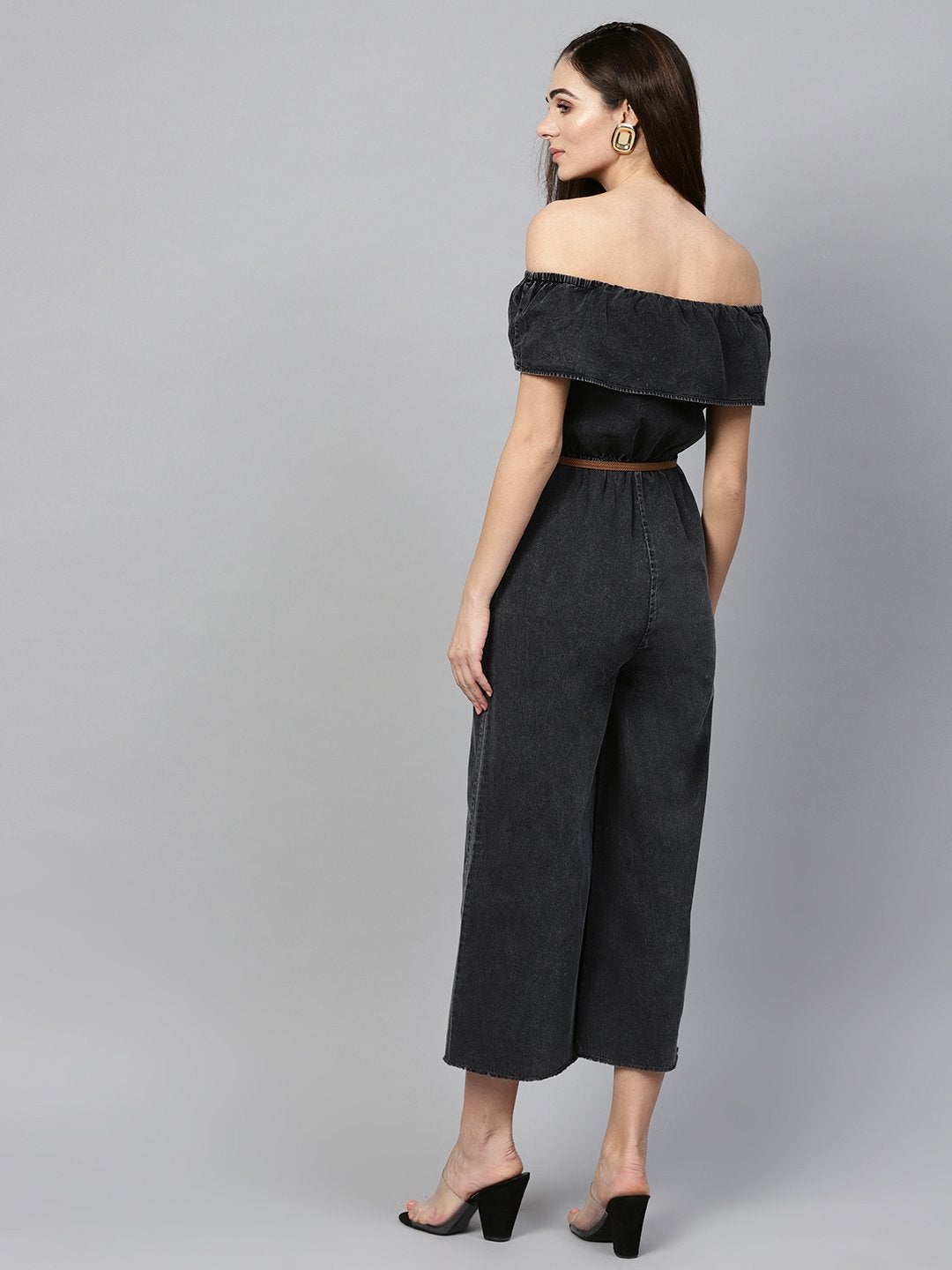 Women's Black Acid Denim Belted Bardot Jumpsuit - SASSAFRAS