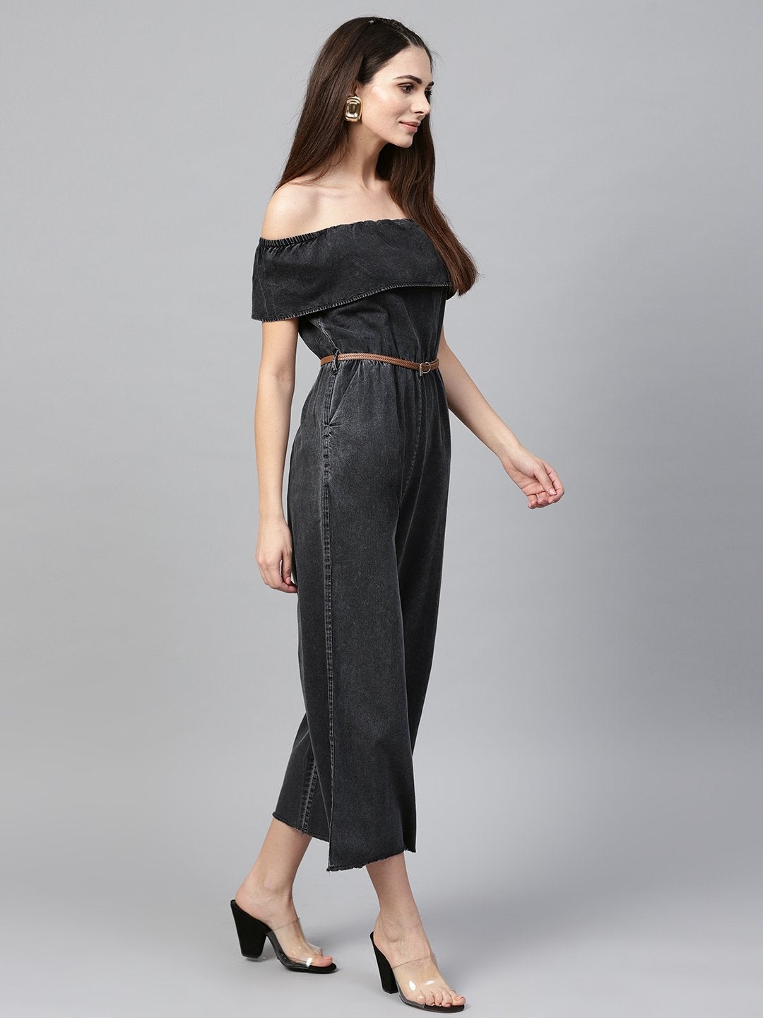 Women's Black Acid Denim Belted Bardot Jumpsuit - SASSAFRAS