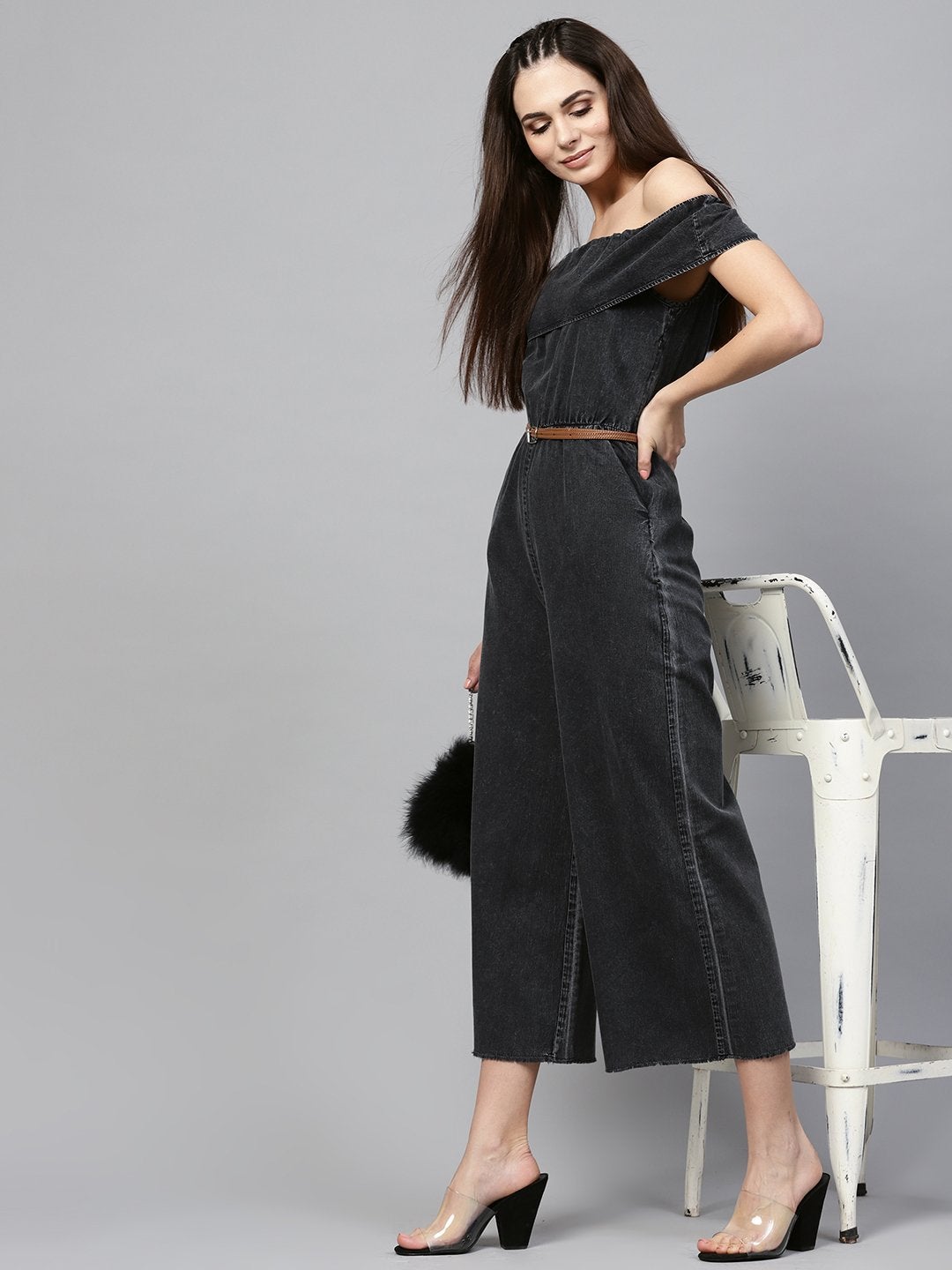 Women's Black Acid Denim Belted Bardot Jumpsuit - SASSAFRAS