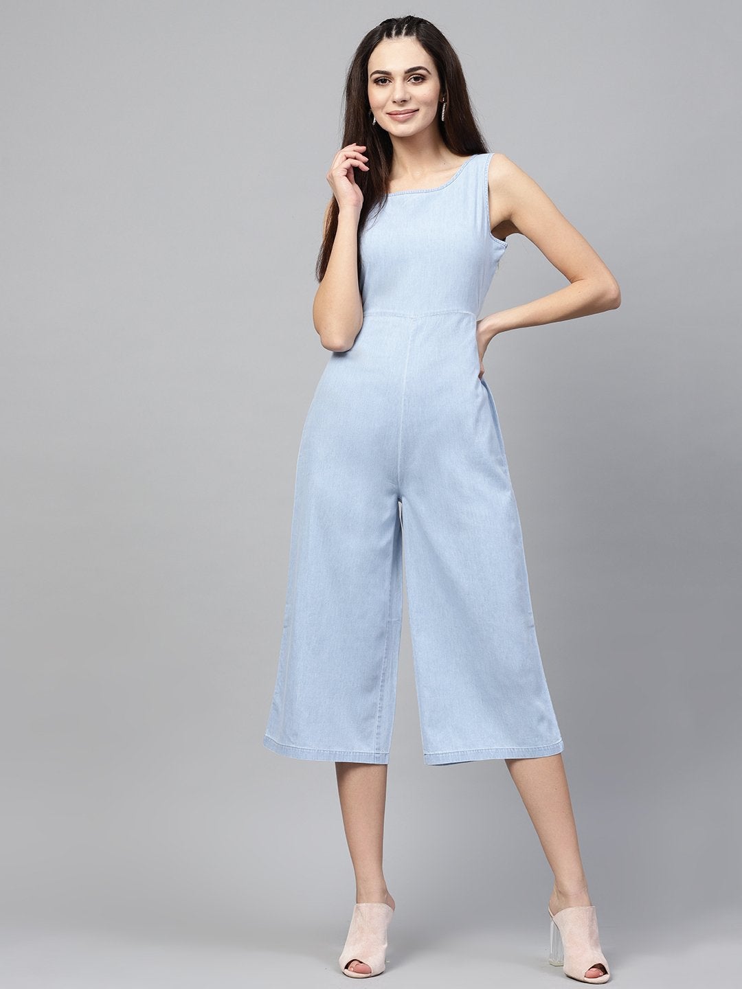 Women's Blue Denim Wrap Culottes Jumpsuit - SASSAFRAS