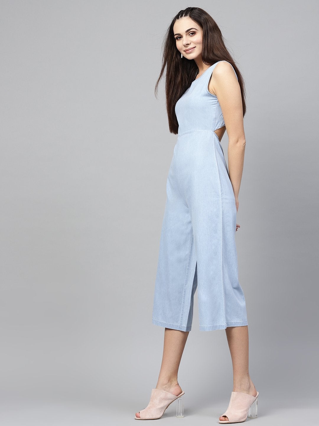 Women's Blue Denim Wrap Culottes Jumpsuit - SASSAFRAS