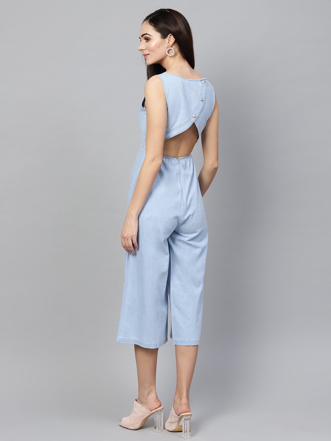 Women's Blue Denim Wrap Culottes Jumpsuit - SASSAFRAS