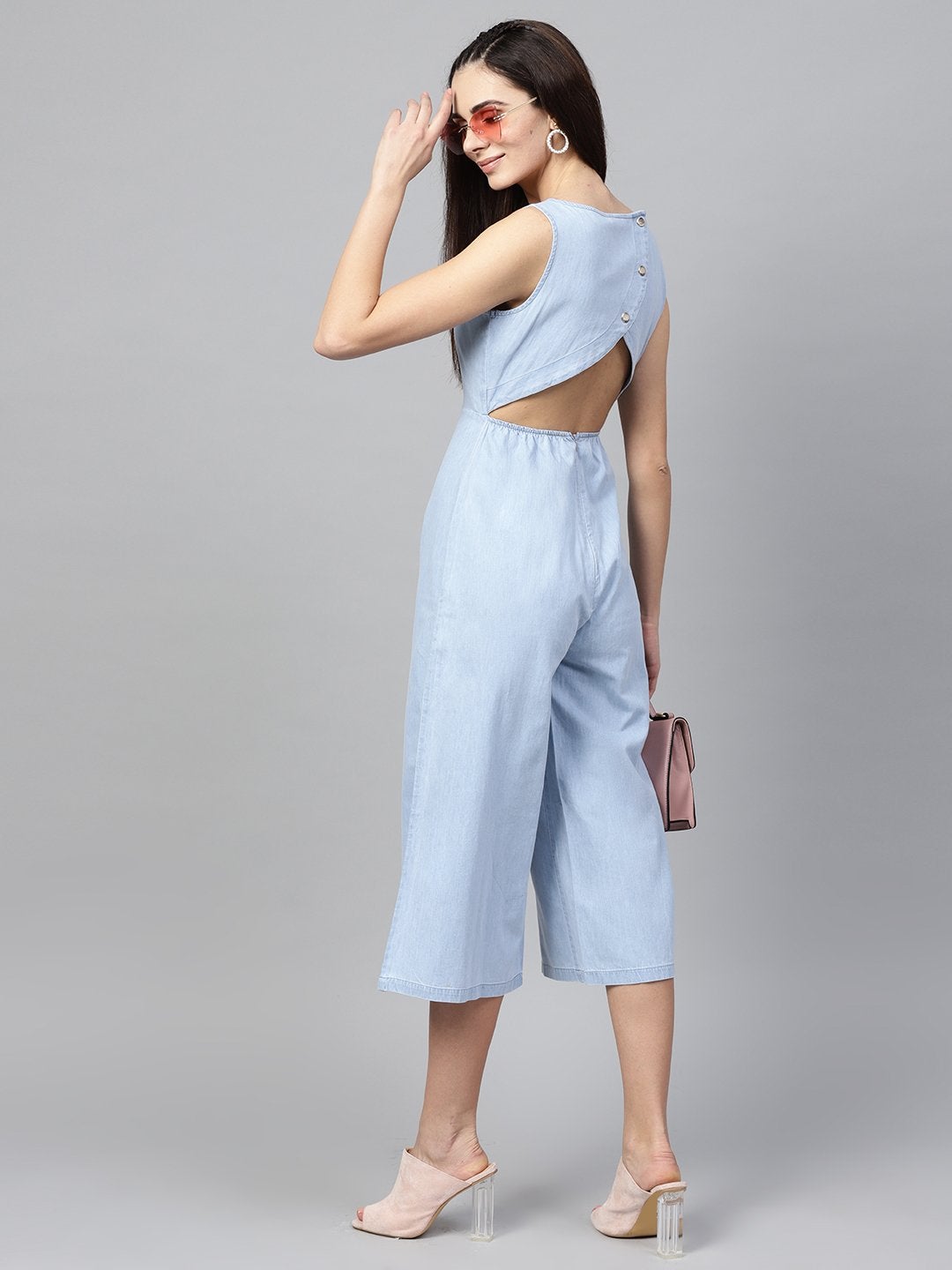 Women's Blue Denim Wrap Culottes Jumpsuit - SASSAFRAS